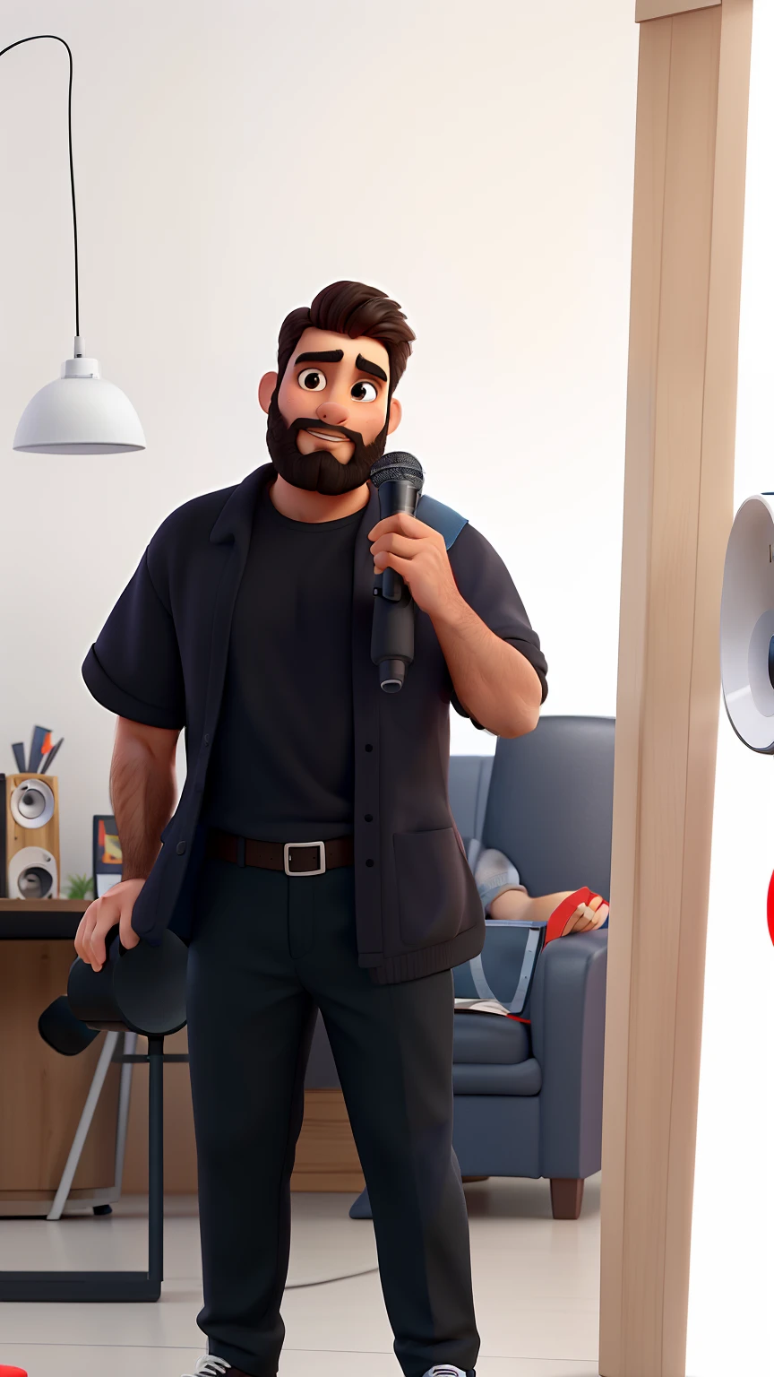 Pode melhorar barba mais  cheia com uns fios brancos, Make the full body appearing white red shoes. Man stands on black background on a speaker-like stage with microphone in one hand and book in the other in Disney pixar style best quality, maior qualidade.