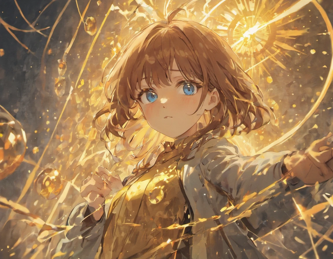 Latino Scientist, bright blue eyes, chin long brown hair, small round golden glasses