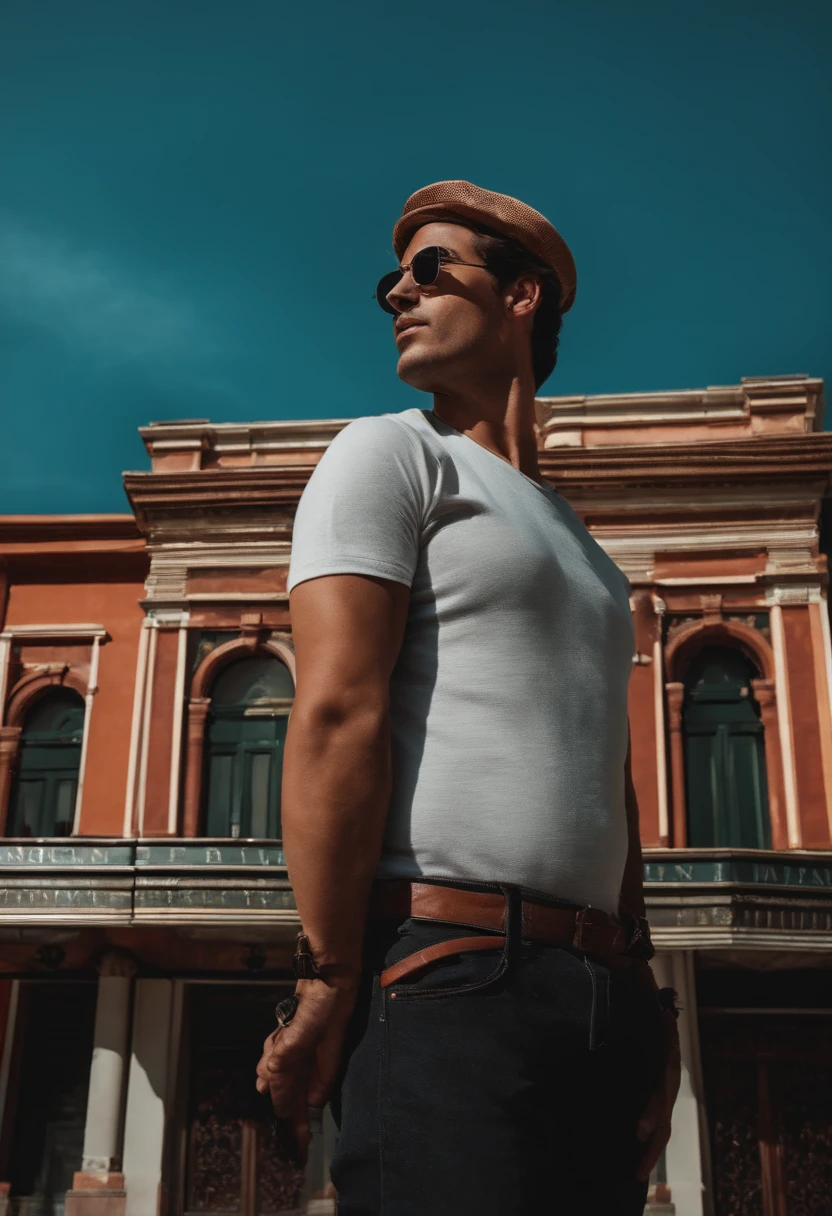 Um homem de aproximadamente 25 anos, with cap and watch, Looking up at the sky in front of a theater.