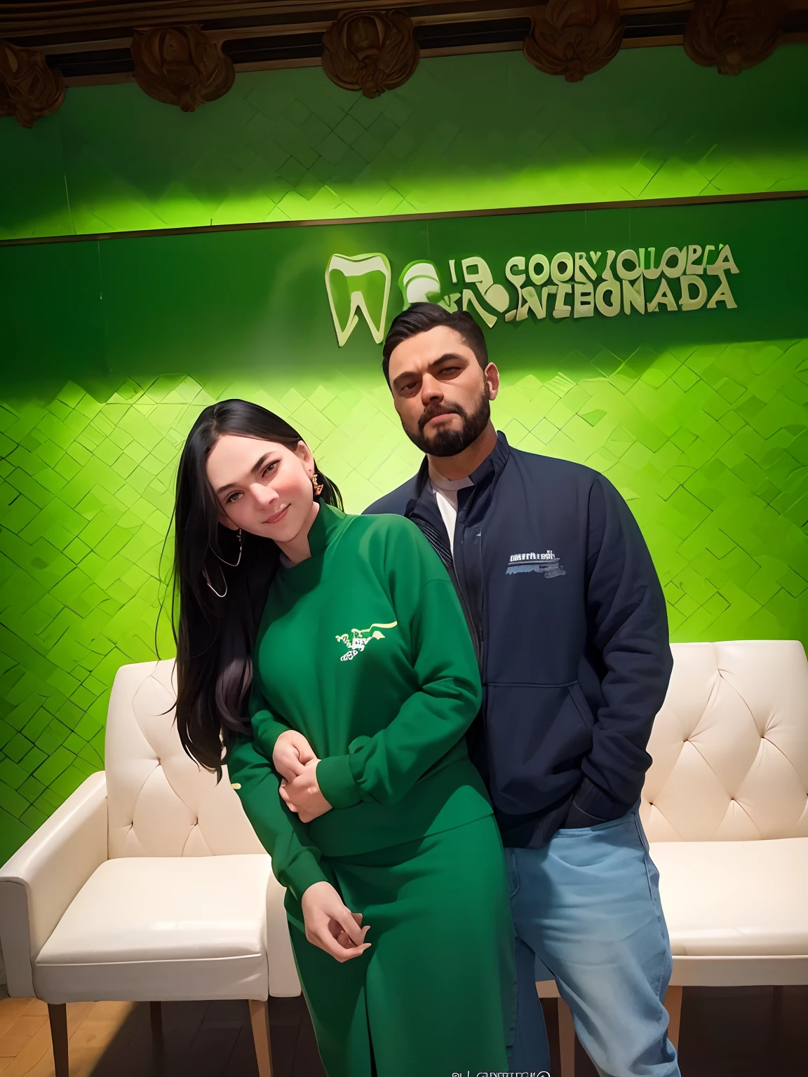 they are standing in front of a green couch in a room, by Luis Miranda, icaro carvalho, by Emma Andijewska, by Silvia Pelissero, 1614572159, by Aya Goda, dentist, by Nándor Katona, professional, by Amelia Peláez, instagram