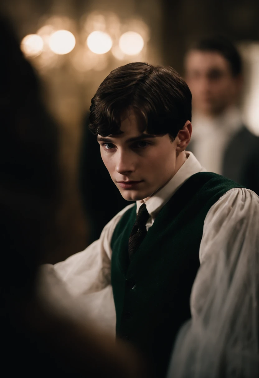 Crie uma imagem de Tom Riddle dos filmes de harry potter com uma garota loira sendo Jessica Alexander como se fossem um casal na saga