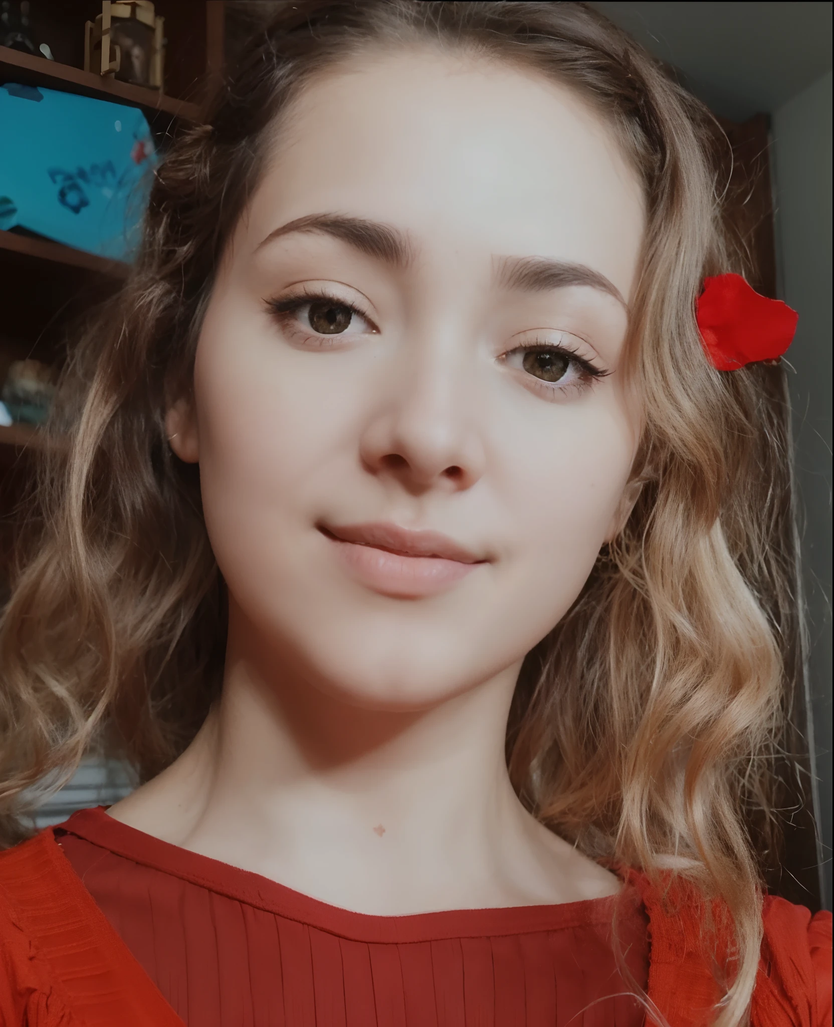 Uma mulher, jovem, branca, cabelo loiro ondulado, olhos castanhos, estilo Disney Pixar em 3D, alta qualidade, melhor qualidade, com uma blusa vermelha