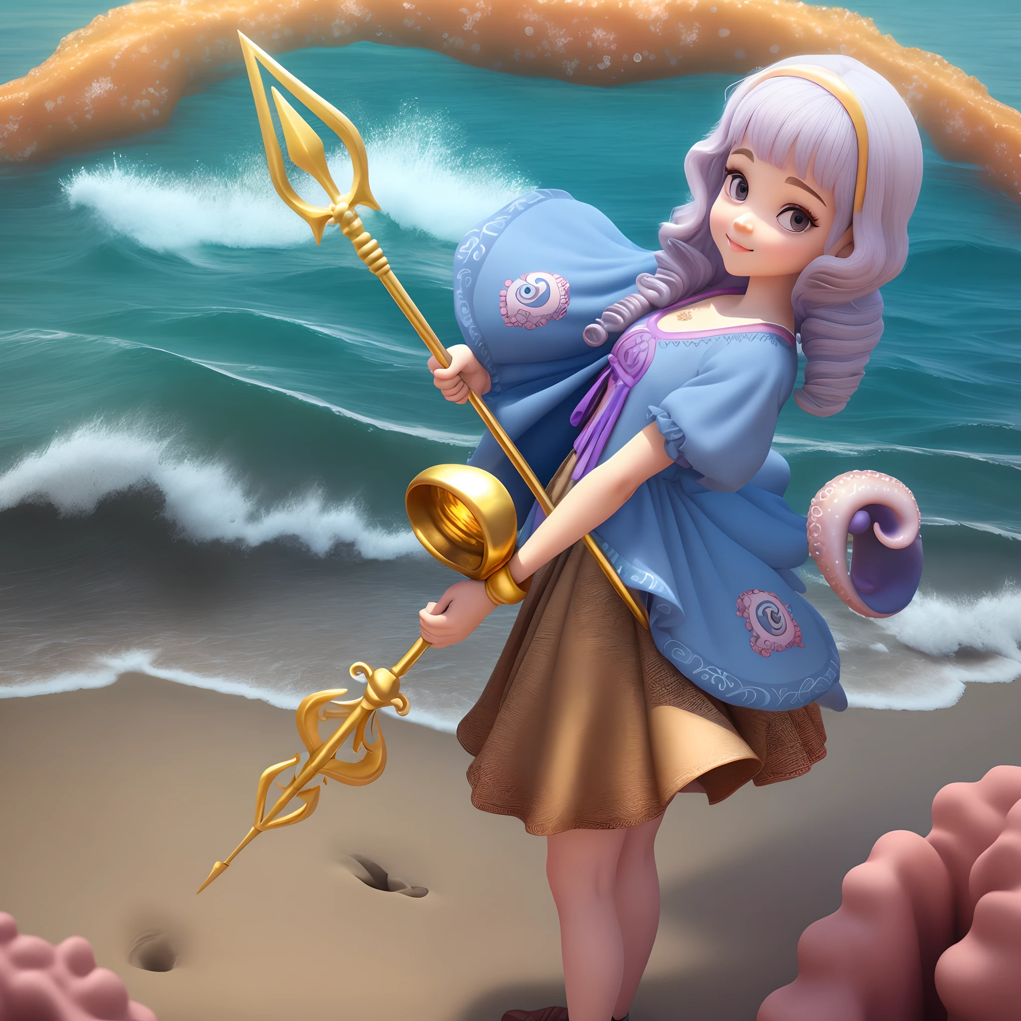 Estilo pixar 3d Menina com peruca branca e coroa dourada. Vestida de vestido preto, with octopus tentacles on her skirt. In his hand he has a golden trident. The background of the image is the sea and rainbow