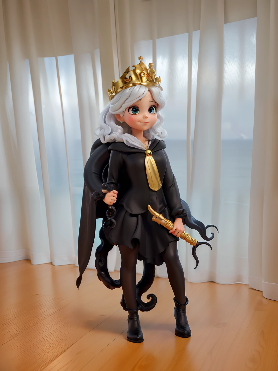 Menina com disfarce de Halloween, Black dress and on octopus tentacles skirt. In his hand he holds a golden trident and a moreira. The hair is white wig with a golden crown.. In the background of the image the horizon of the sea and a rainbow