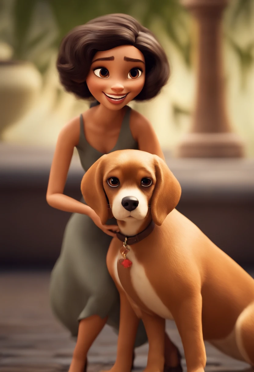 Pixar. Casal com um filhote de cachorro beagle marrom. A menina tem os cabelos pretos longos soltos, vestido preto, black glasses, is Asian. O menino de cabelos pretos, com cabelos crespos, pele morena bronzeada,  beige jeans, e camisa branca. They're both smiling and they're hugging.