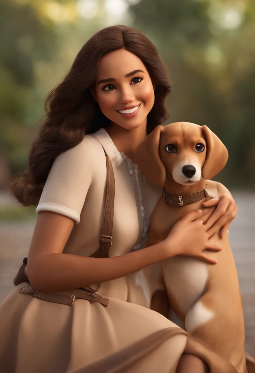 Vivian is a smiling 35-year-old human girl, com seu fiel amigo, Caramelo, o cachorro golden, deitados no jardim