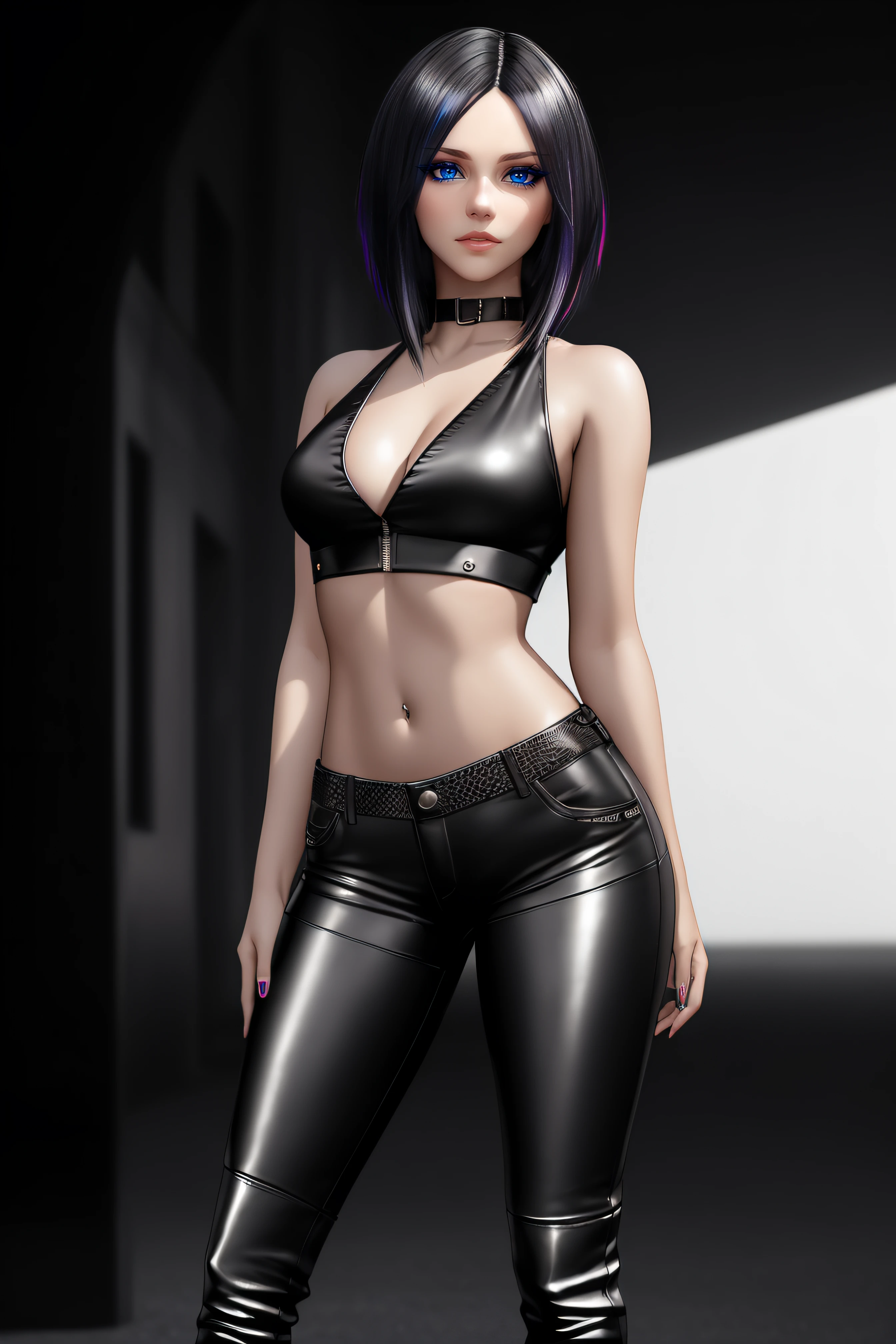 beautiful girl, ((standing:1.4)), (confident gaze:1.1), full body, short bright neon streaked black hair, ((realistic highly detailed eyes:1.4)), ((seductive pose:1.2)), black eyeshadow, (street style wear:1.2), ((tight fitted pants)), ((knee high leather boots)), (dark city night black background:1.4), dark makeup, digital art, trending on artstation, highly detailed, fine detail, intricate, detailed facial features, sharp focus, smooth, aesthetic,