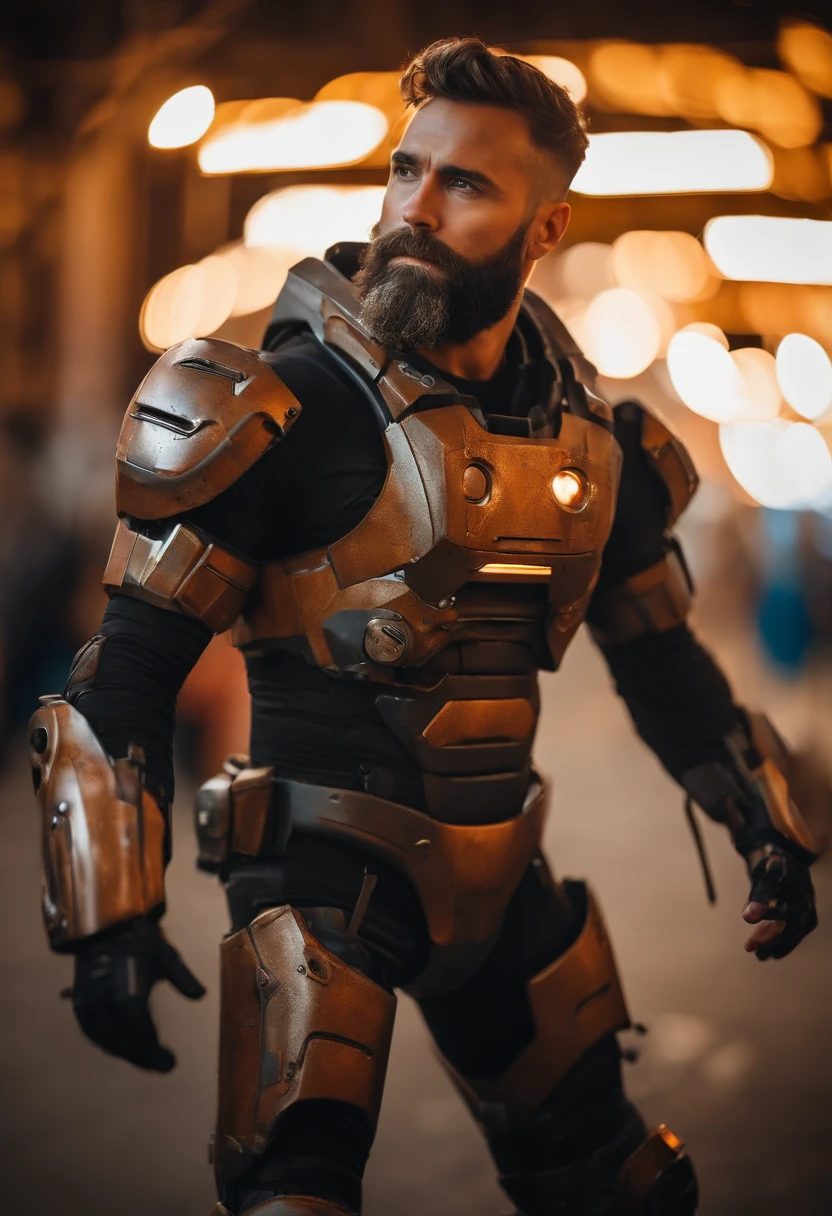 Portrait photo of muscular bearded guy in a worn mech suit, ((light bokeh)), intricate, (steel metal [rust]), elegant, sharp focus, photo by greg rutkowski, soft lighting, vibrant colors, masterpiece, ((streets)), detailed face