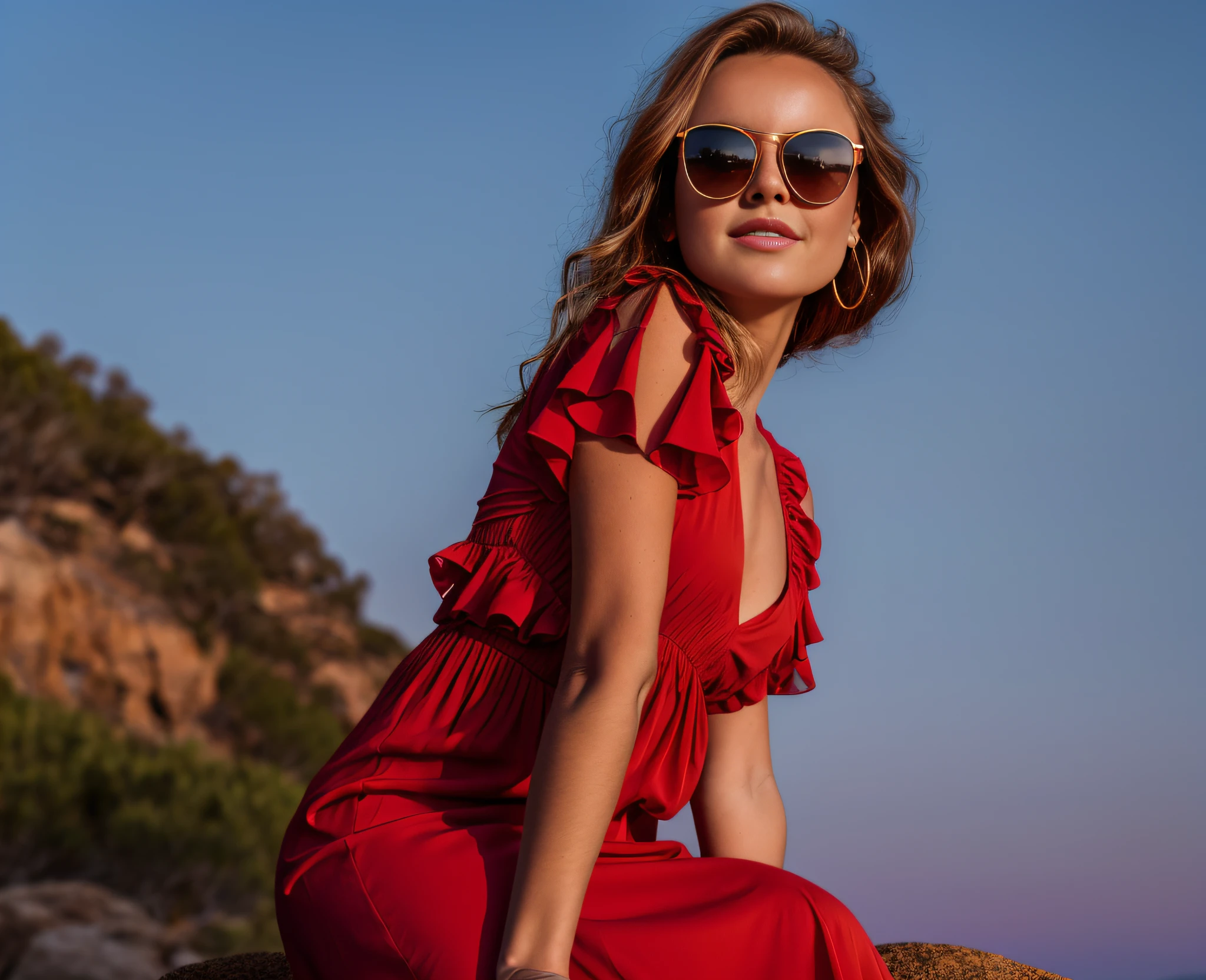 woman sitting on a rock with a red dress and sunglasses, portrait shot 8 k, high quality portrait, in the sunset, girl wears a red dress, shot at golden hour, photo of the girl, at the sunset, camera angle looking up at her, during sunset, wearing a red sundress, photo of young woman, mid shot portrait, cute young woman
