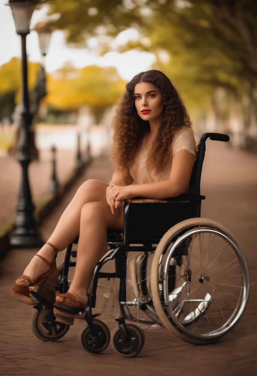 A young paraplegic woman with slender feet firmly planted on the footrest of her wheelchair navigates through a rain-soaked puddle in a bustling metropolis. The 20-year-old has porcelain-white skin and is clad in delicate fishnet stockings. This striking image, likely a photograph, captures the girl's resilient spirit amidst a city's chaotic backdrop. Her determined gaze and graceful posture exude strength and grace, creating a poignant and inspiring moment frozen in time. The details, from the reflections in the puddle to the movement of the city around her, are rendered with vivid realism and emotional depth, making this a truly captivating and thought-provoking work of art. she is naked