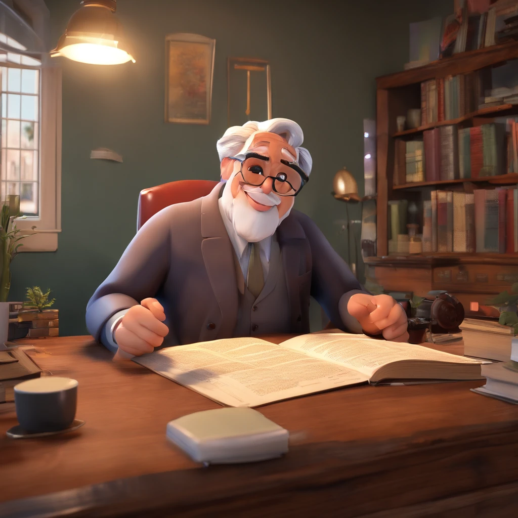 Crie um cartaz inspirado na Disney Pixar com o personagem sendo o pastor Rubens Janier, A gray-haired man wearing glasses, in an office with a Bible on the table