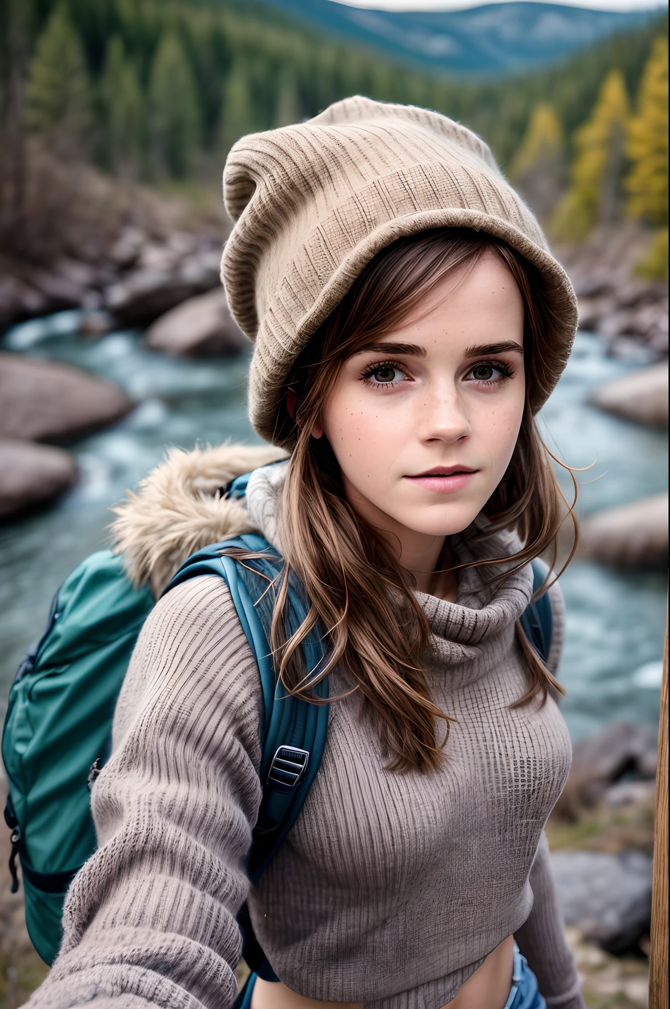 1girl, Emma Watson, ((upper body selfie, happy)), masterpiece, best quality, ultra-detailed, solo, outdoors, (night), mountains, nature, (stars, moon) cheerful, happy, backpack, sleeping bag, camping stove, mountain boots, gloves, mini sweater top, bare belly, hat, flashlight, forest, rocks, river, wood, smoke, shadows, contrast, clear sky, analog style, (look at viewer:1.2), (skin texture), (film grain:1.3), (warm hue, warm tone :1.2), close up, cinematic light, sidelighting, ultra high res, best shadow, RAW, upper body, wearing pullover top