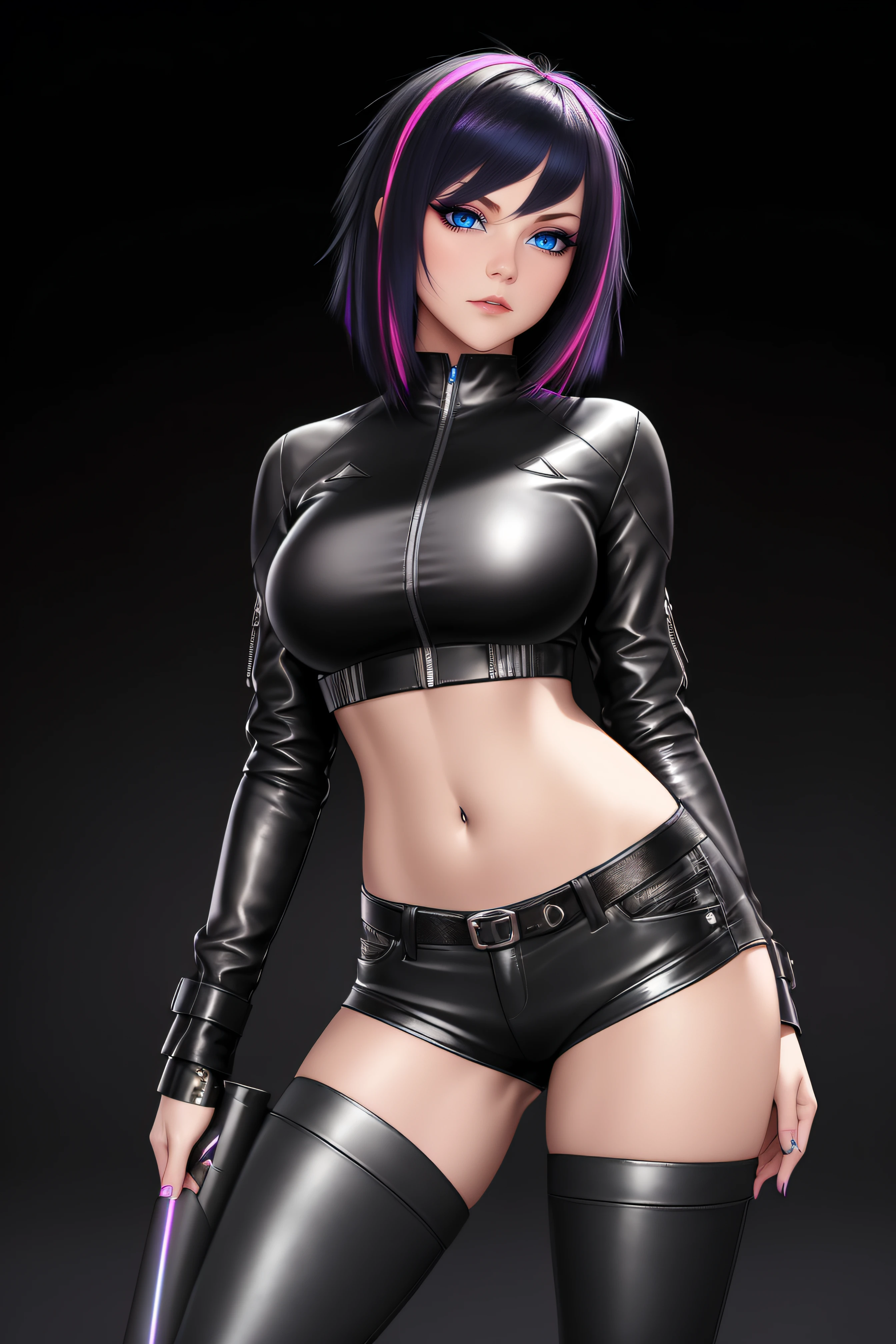 beautiful girl, ((standing:1.4)), (confident gaze:1.1), full body, short bright neon streaked black hair, ((realistic highly detailed eyes:1.4)), ((seductive pose:1.2)), black eyeshadow, (street style wear:1.2), ((tight fitted pants)), ((knee high leather boots)), (dark city night black background:1.4), dark makeup, digital art, trending on artstation, highly detailed, fine detail, intricate, detailed facial features, sharp focus, smooth, aesthetic,