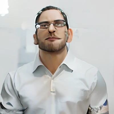 Cartoon character of a man with black glasses and a black polo shirt, cabelo liso, With beard and old school tattoo on his arm, animation character, Caractere estilizado, animation style rendering, 3D estilizado, Arnold Maya render, 3 d render stylized, toon render keyshot, Personagem 3D, Personagem 3D, 3d rendering stylized, 3 d character render, personagem de desenho animado, Personagem de close up, Pose de personagem, (Estilo Pixar) (master part:1.2) (Bokeh) (best quality) (pele detalhada) (textura detalhada) (8k) (argila) (Cinematic lighting) (foco nítido