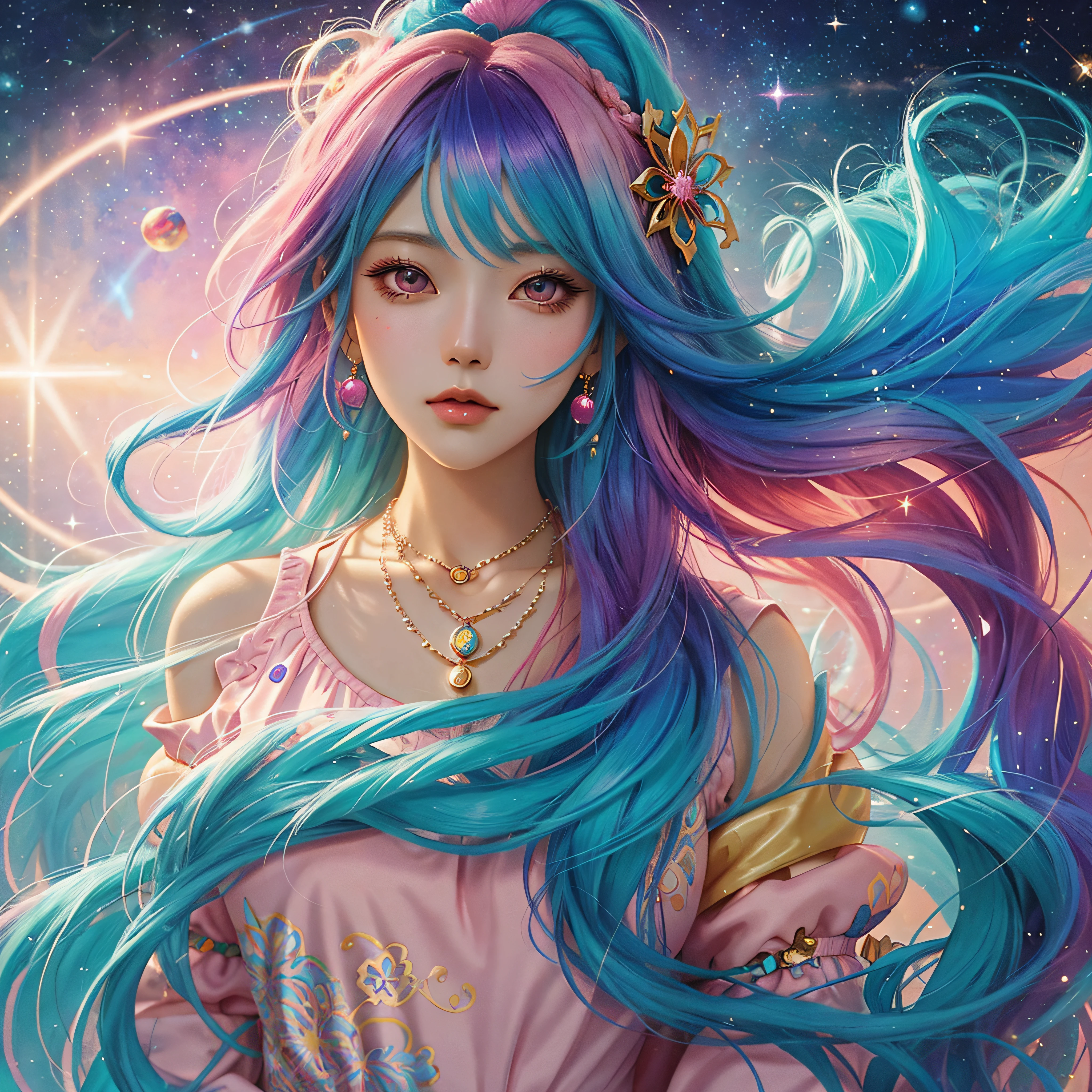 Close-up of a woman with colorful hair and necklace, anime girl with cosmic hair, The soft vibrancy of Ross Dres, Gviz-inspired artwork, Fantasy Art Style, Colorful]", vibrant fantasy style, rossdraws cartoon vibrant, Colorful, guweiz, colorfull digital fantasy art, stunning art style, beautiful anime style, Glowing hair
