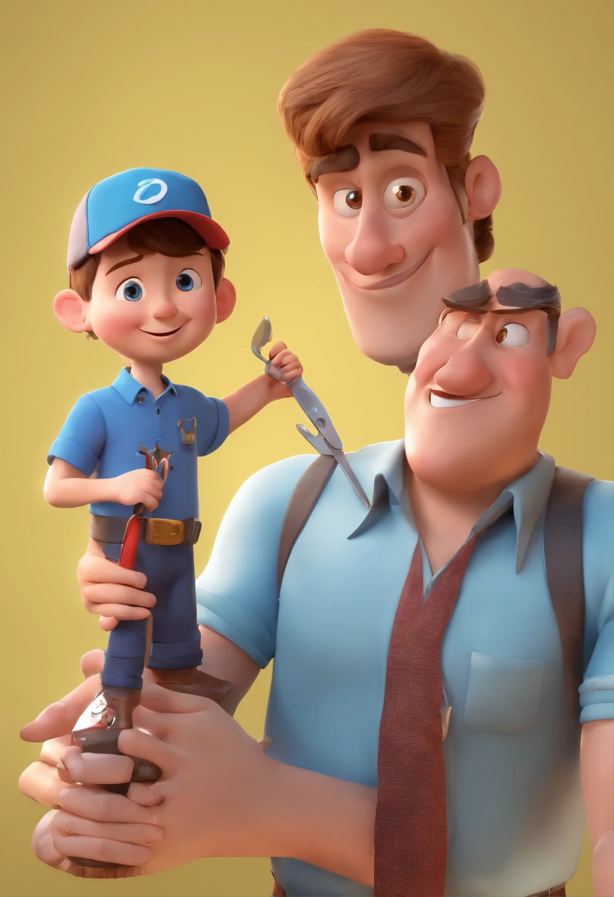 Estilo Pixar: The grown man is holding a naked blue-eyed boy and in his other hand he is holding a pair of scissors and is trying to cut off the boy's testicles,3D Poster,Disney