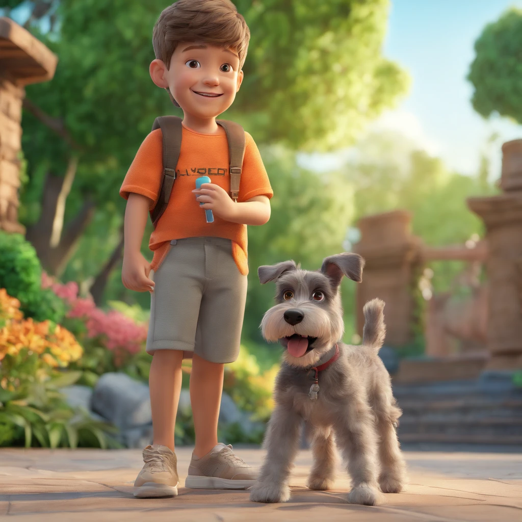 Lucas is a smiling 5-year-old human boy, com seu fiel amigo, Bolt, o cachorro schnauzer, deitados no jardim
