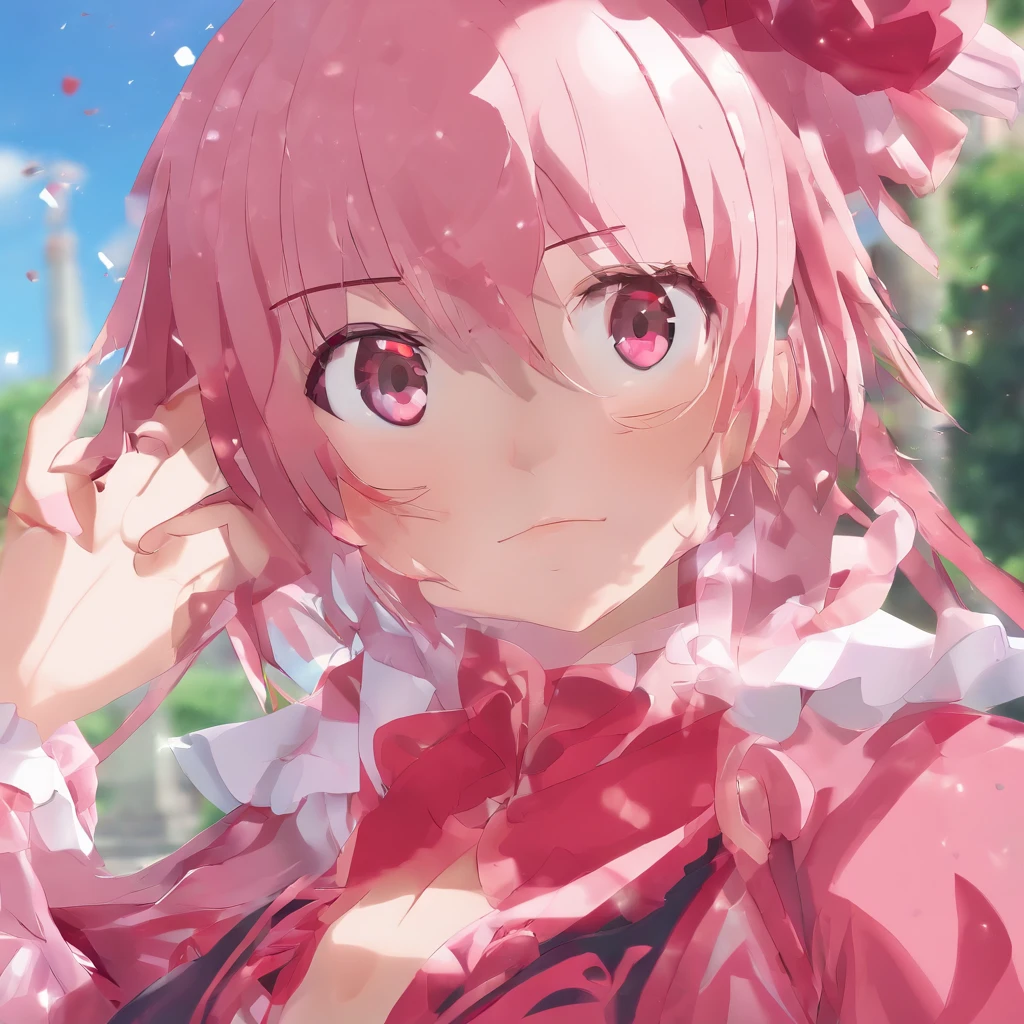 Homem com cabelo rosa e vermelho e roupas pretas, cara bonita, olhos brancos, anime jovem altamente detalhado, 4K walpaper manga, menino anime, arte detalhada do personagem de anime.