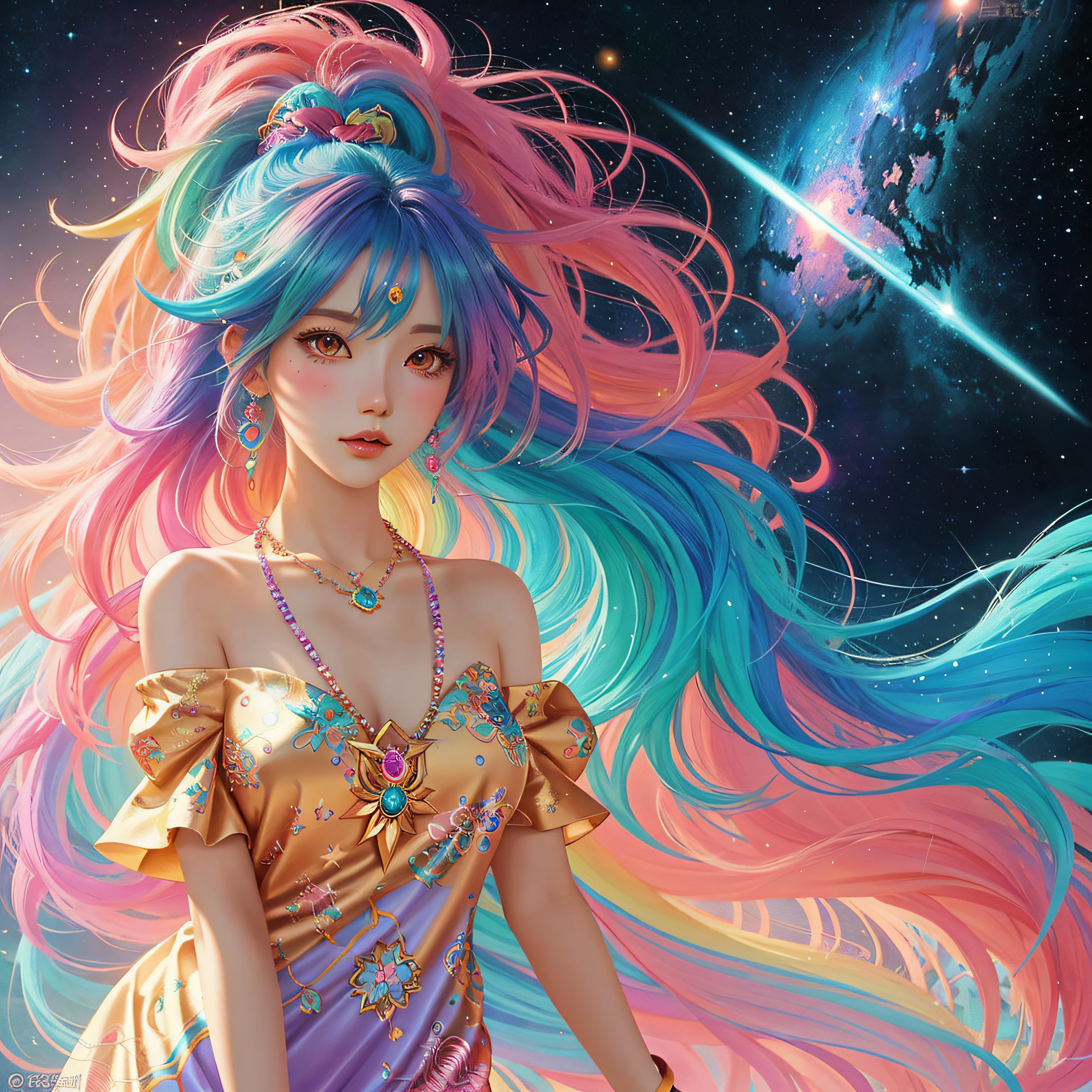 Close-up of a woman with colorful hair and necklace, anime girl with cosmic hair, The soft vibrancy of Ross Dress, Gviz-inspired artwork, Fantasy Art Style, Colorful]", vibrant fantasy style, rossdraws cartoon vibrant, Colorful, guweiz, colorfull digital fantasy art, stunning art style, beautiful anime style, Glowing hair