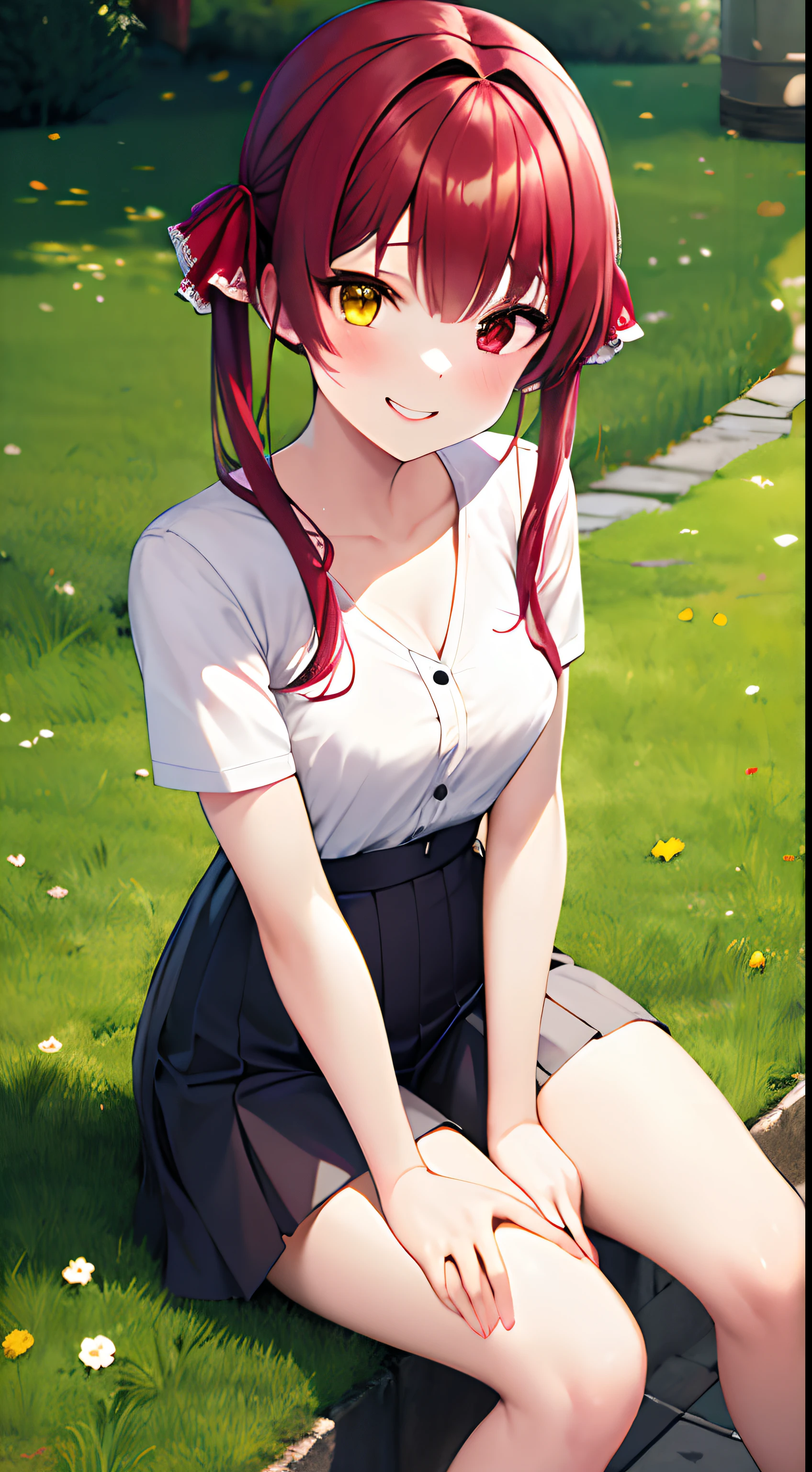 marine houshou, red hair, twintails, heterochromia, (red eyes:1.5), (yellow eyes:1.5), hair ribbon,,A smile、Knee sitting、lawn