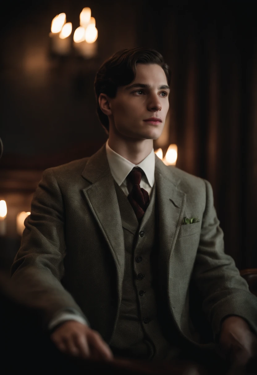 Crie uma imagem de Tom Riddle dos filmes de harry potter com uma garota loira sendo Jessica Alexander como se fossem um casal, com os dois sendo da sonserina