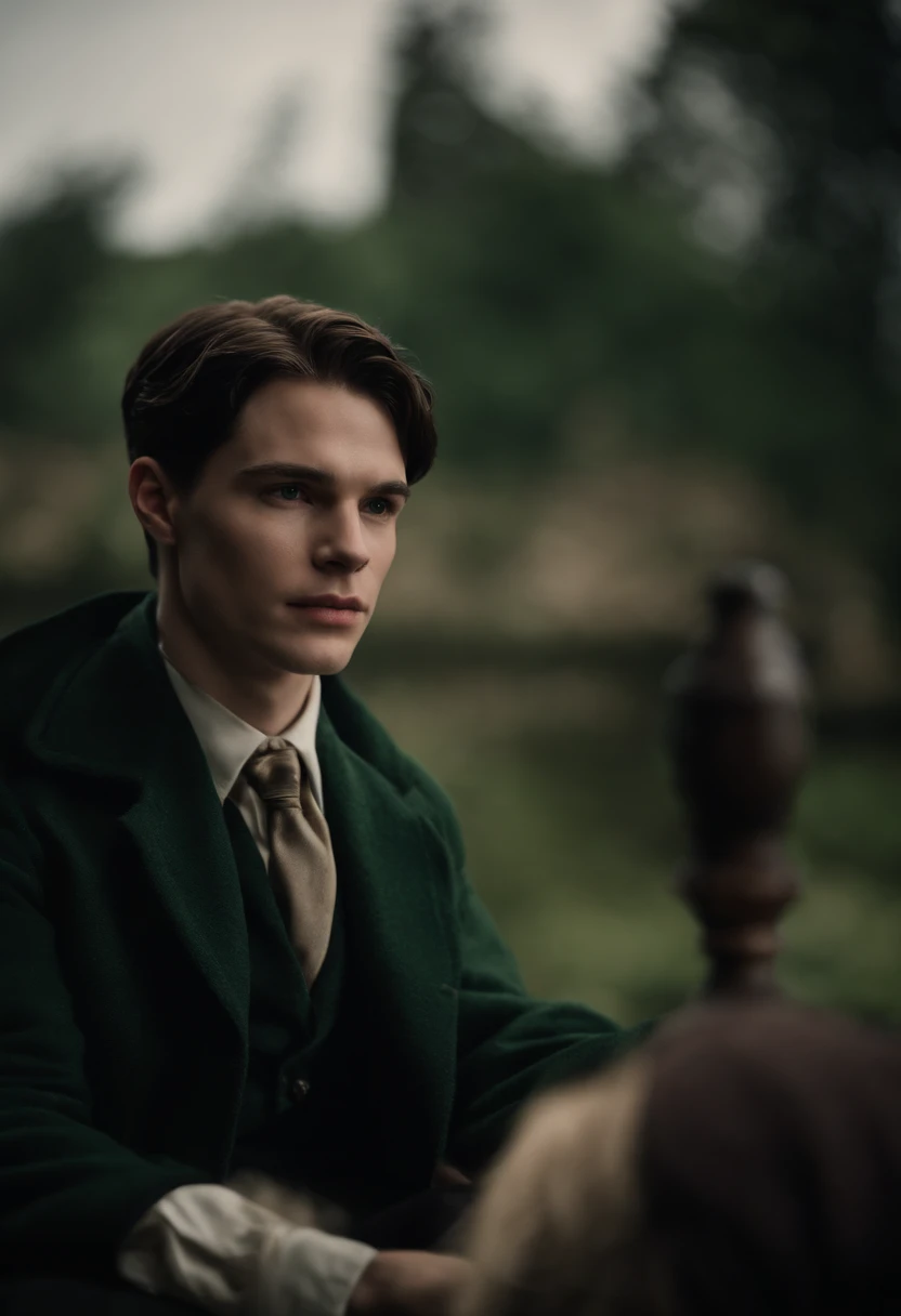 Crie uma imagem de Tom Riddle dos filmes de harry potter com uma garota loira sendo Jessica Alexander como se fossem um casal, com os dois sendo da sonserina
