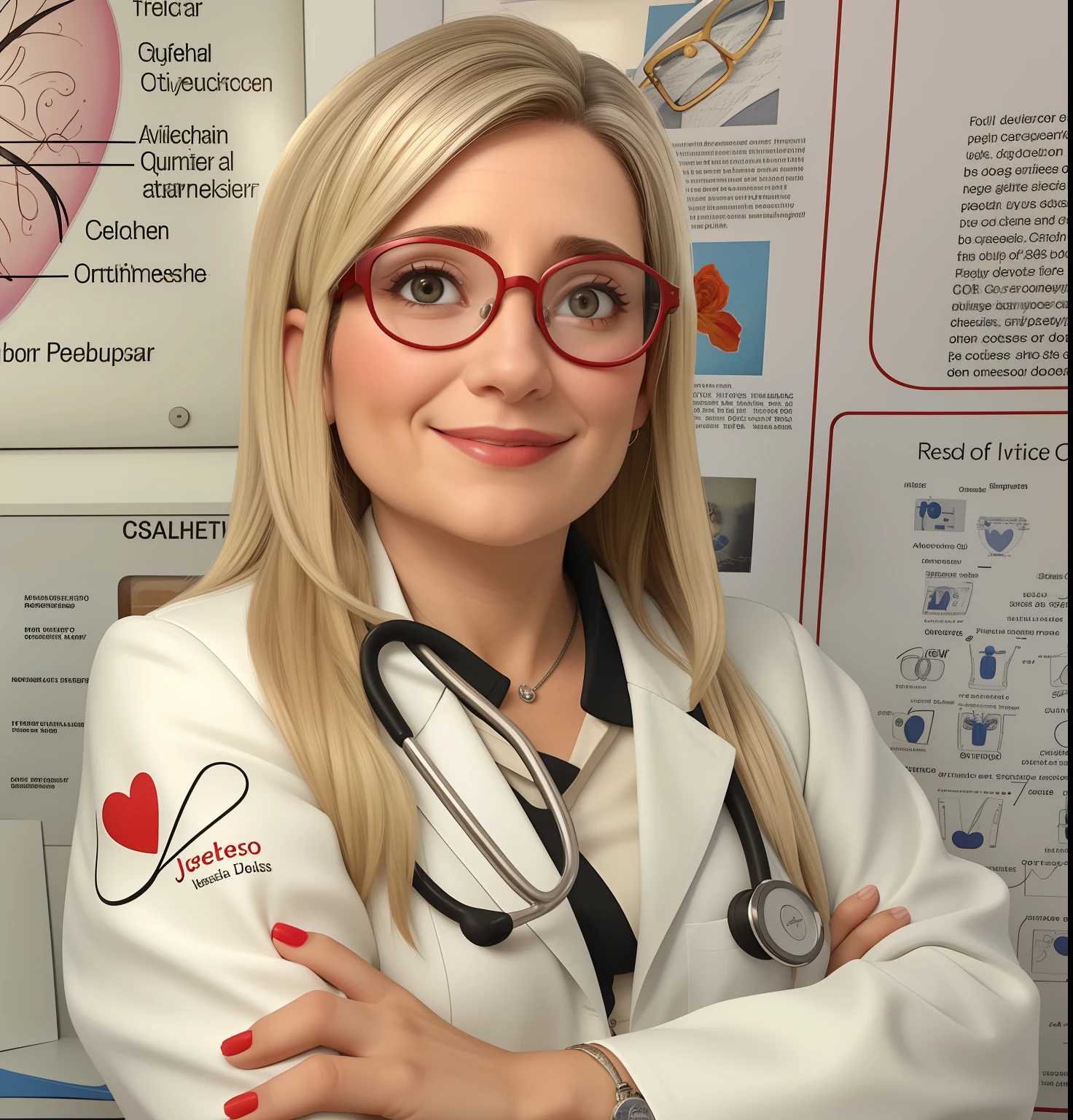 Uma mulher de 49 anos , com cabelos loiros e comprido , Rosto redondo, Nice, 1,52 de altura, com as unhas pintadas de vermelho, wearing metal glasses and only on the top of the glasses the red color, on the lab coat on the part of the arm written Julian health life with the drawing of a stethoscope is a heart, in the background drawings of brains, e olhos castanhos claros, wearing glasses.