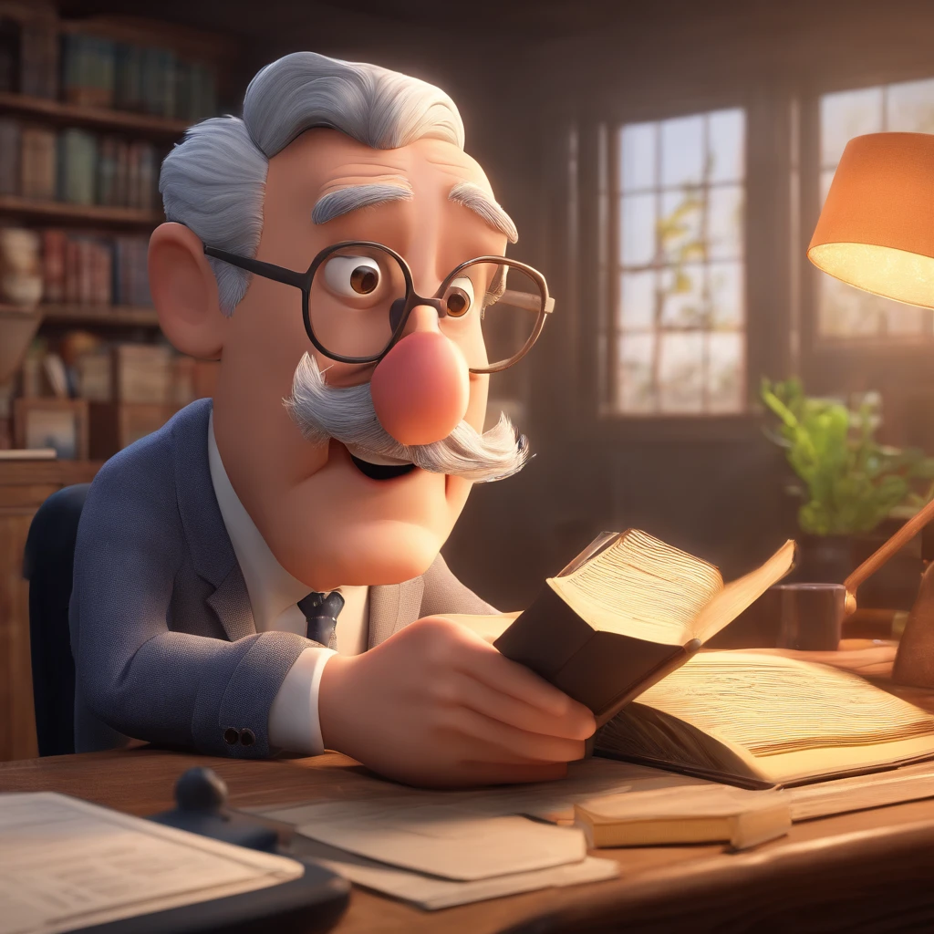 Crie um cartaz inspirado na Disney Pixar com o personagem sendo o pastor Rubens Janier, A gray-haired man wearing glasses, in an office with a Bible on the table, Looking forward and serious