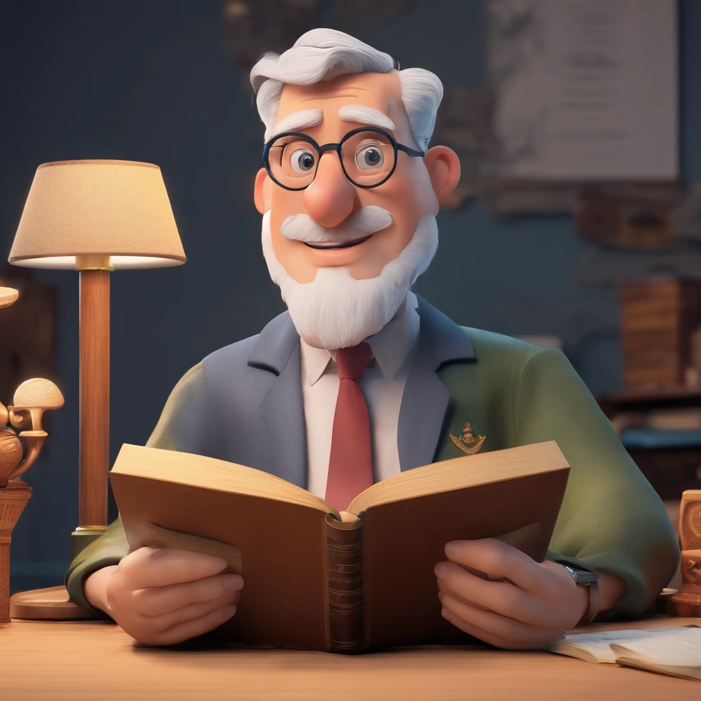 Crie um cartaz inspirado na Disney Pixar com o personagem sendo o pastor Rubens Janier, A gray-haired man wearing glasses, in an office with a Bible on the table, Looking forward and serious