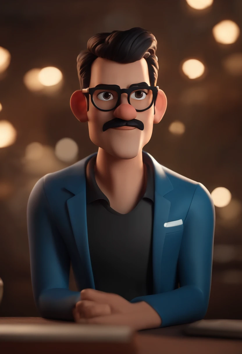 Cartoon character of a man wearing black glasses and a blue shirt, um personagem animado, Caractere estilizado, animation style rendering, 3D estilizado, Arnold Maya render, 3 d render stylized, toon render keyshot, Personagem 3D, Personagem 3D, 3d rendering stylized, 3 d character render, personagem de desenho animado, Personagem de close up, Pose de personagem, (Estilo Pixar) (master part:1.2) (Bokeh) (best quality) (pele detalhada) (textura detalhada) (8k) (argila) (Cinematic lighting) (foco nítido,Senta e vaza a parte superior do corpo