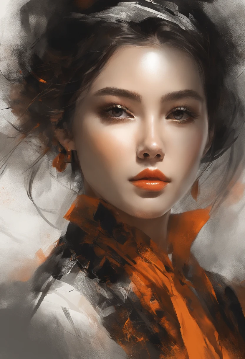 face portrait of MeiyuCipher 1girl aura of moving orange spike, Roupas chinesas danificadas, floating parts, trending on ArtStation, foco nítido, detalhes intrincados, altamente detalhado, Rosto detalhado (pintura a tinta e aquarela, pinceladas, por Russ Mills e Yoji Shinkawa) best quality, absurdos, (negative space) ,