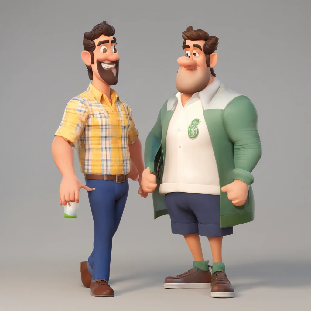 Criar um personagem no estilo Pixar. Trata-se de um homem de 30 anos, com barba, Branco, com cabelos castanhos curtos e um quiff, e olhos castanhos. Ele deve estar na frente de um computador, Trabalhar como designer