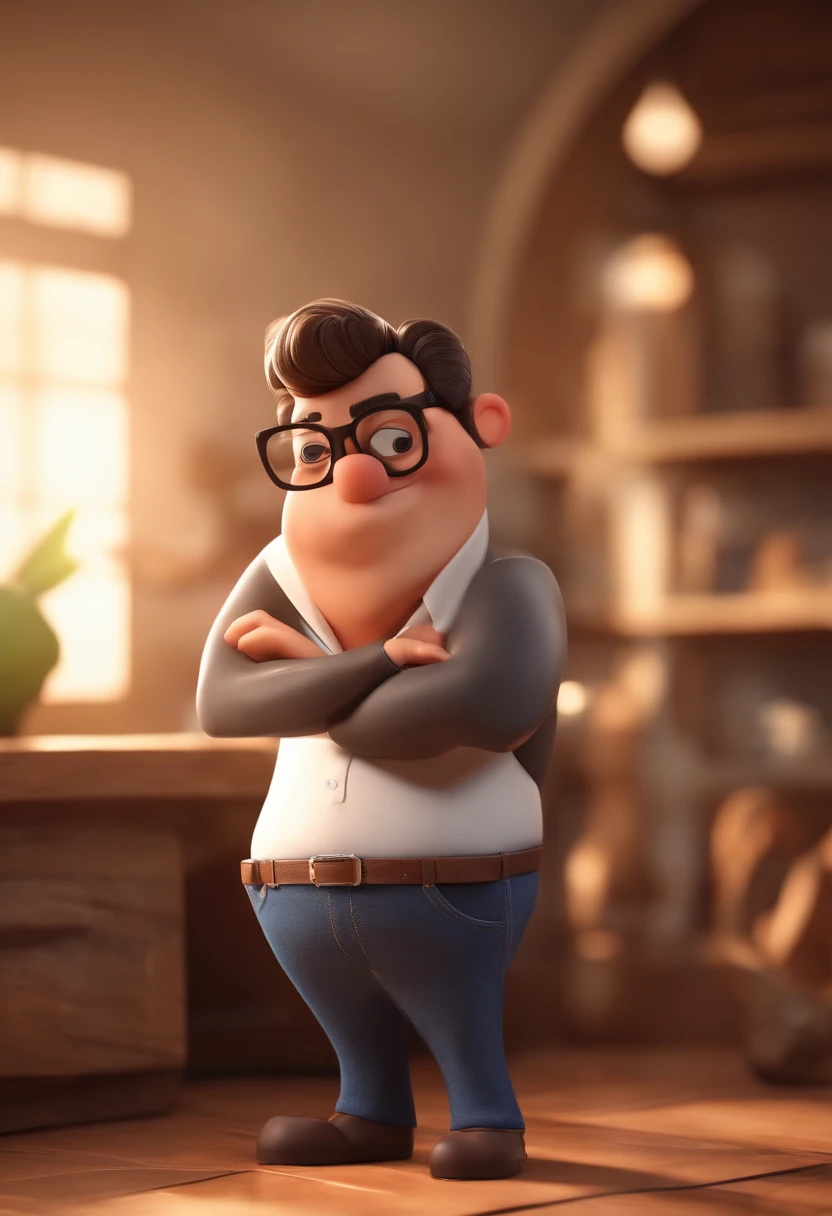 Cartoon character of a tall man chubby wearing black glasses, a white social shirt and jeans, um personagem animado, Caractere estilizado, animation style rendering, 3D estilizado, Arnold Maya render, 3 d render stylized, toon render keyshot, Personagem 3D, Personagem 3D, 3d rendering stylized, 3 d character render, personagem de desenho animado, Personagem de close up, Pose de personagem, (Estilo Pixar) (master part:1.2) (Bokeh) (best quality) (pele detalhada) (textura detalhada) (8k) (argila) (Cinematic lighting) (foco nítido，Senta e vaza a parte superior do corpo