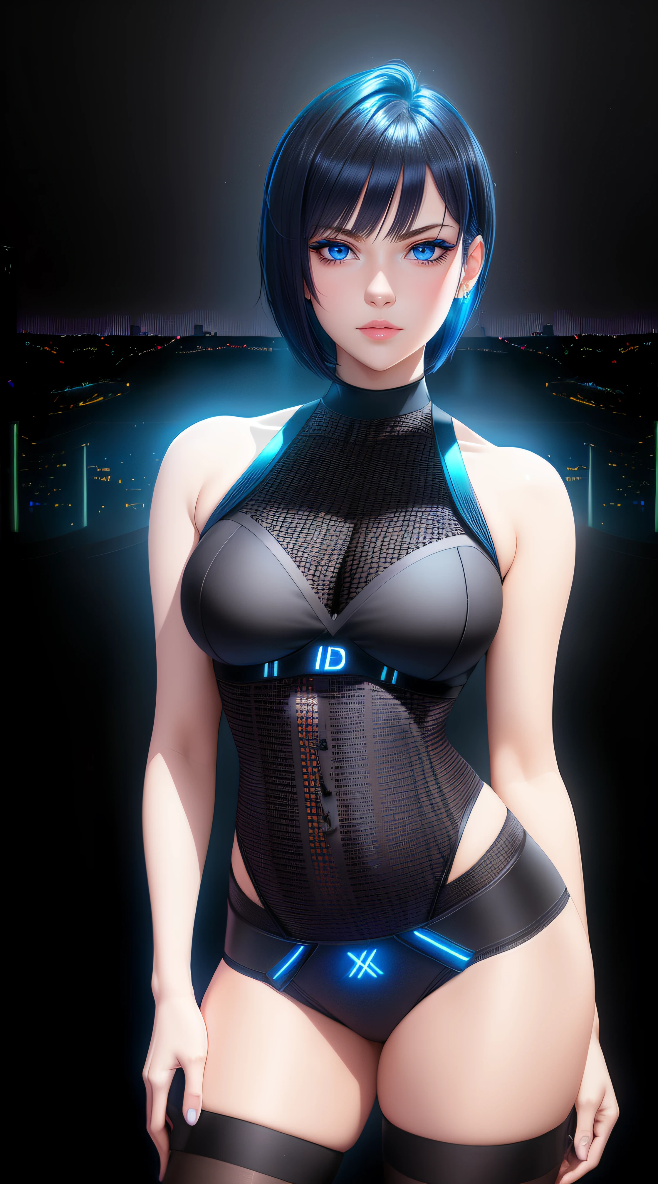 25-Year-Old Woman, Full Body, Adult, Dark Blue Water-Colored Eyes, Bright Neon Lighting, Black Bob Short Hair, strip club outfit, lace underwear, Serious Face, Realistic Face Resolution, Realistic, Object Resolution, (dark city night black background:1.4)