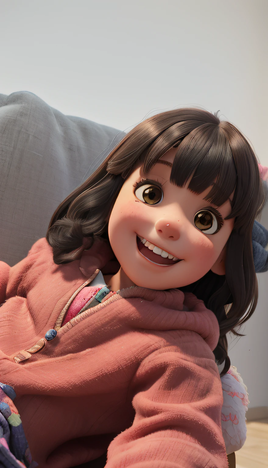 There's a little girl who's sitting on a couch, hermosa y sonriente, she is smiling and excited, she is smiling and happy, chica de cabello negro con sudadera con capucha, 3 years,