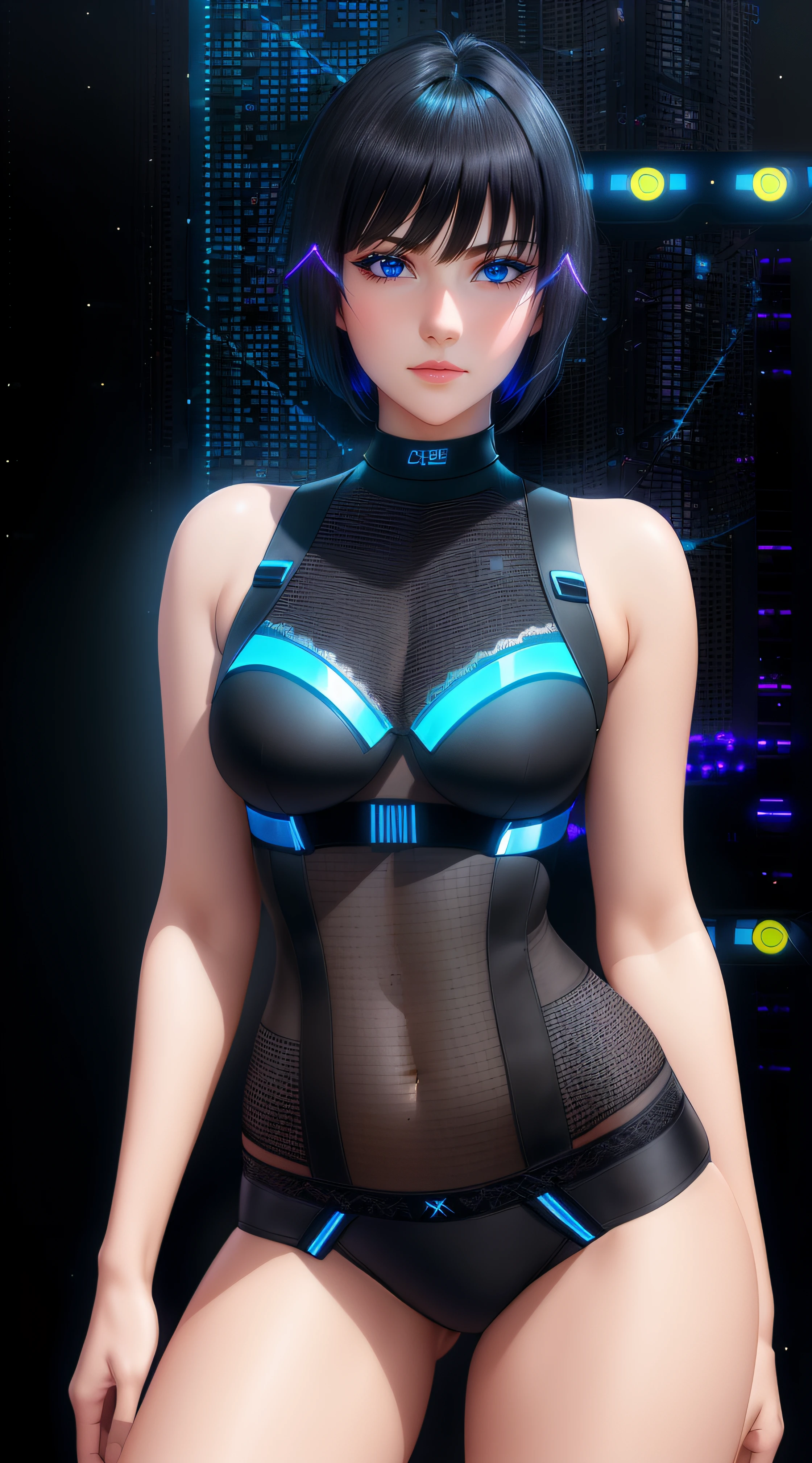 25-Year-Old Woman, Full Body, Adult, Dark Blue Water-Colored Eyes, Bright Neon Lighting, Black Bob Short Hair, strip club outfit, lace underwear, Serious Face, Realistic Face Resolution, Realistic, Object Resolution, (dark city night black background:1.4)