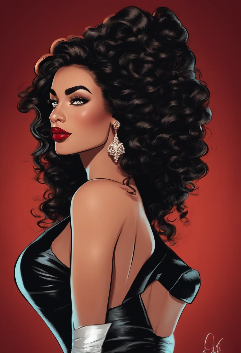 cartoon mulher branca em torno de 20 anos, cabelos preto liso, vestindo de festa vermelho justo, esbelta, Beautiful, fundo cor solida, Ultra sharp focus, foto realista