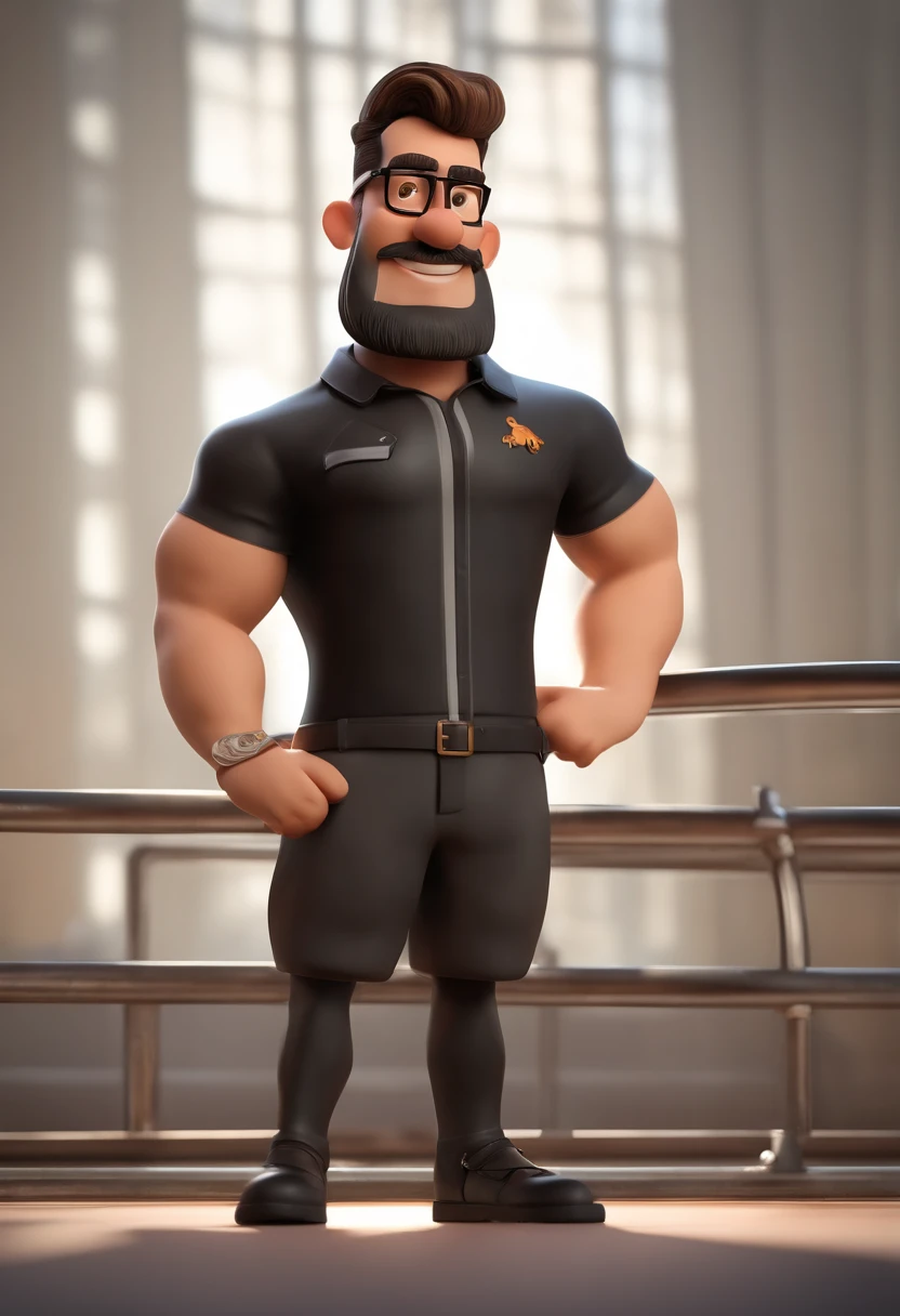 Cartoon character of a man with black glasses and a black polo shirt, cabelo liso, With beard and old school tattoo on his arm, animation character, Caractere estilizado, animation style rendering, 3D estilizado, Arnold Maya render, 3 d render stylized, toon render keyshot, Personagem 3D, Personagem 3D, 3d rendering stylized, 3 d character render, personagem de desenho animado, Personagem de close up, Pose de personagem,  (Estilo Pixar) (master part:1.2) (Bokeh) (best quality) (pele detalhada) (textura detalhada) (8k) (argila) (Cinematic lighting) (foco nítido