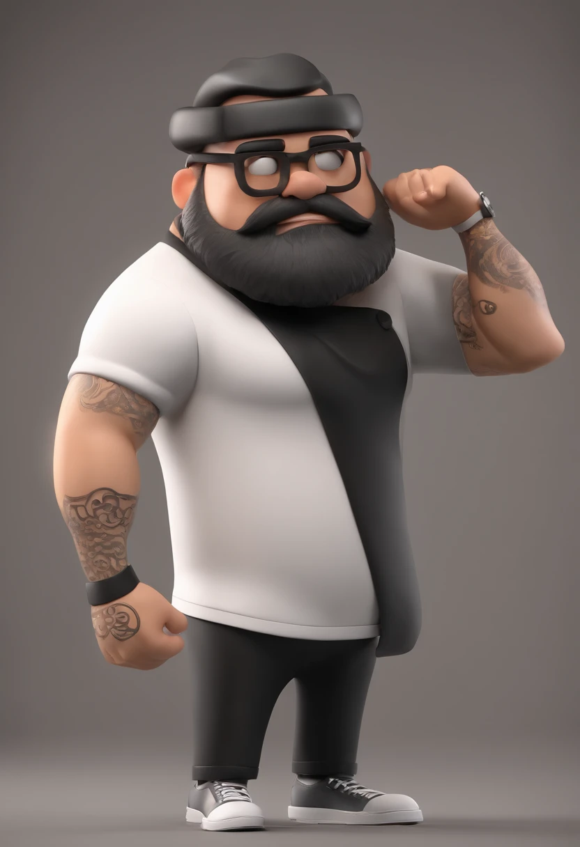 Cartoon character of a man with black glasses and a black polo shirt, cabelo liso, With beard and old school tattoo on his arm, animation character, Caractere estilizado, animation style rendering, 3D estilizado, Arnold Maya render, 3 d render stylized, toon render keyshot, Personagem 3D, Personagem 3D, 3d rendering stylized, 3 d character render, personagem de desenho animado, Personagem de close up, Pose de personagem,  (Estilo Pixar) (master part:1.2) (Bokeh) (best quality) (pele detalhada) (textura detalhada) (8k) (argila) (Cinematic lighting) (foco nítido