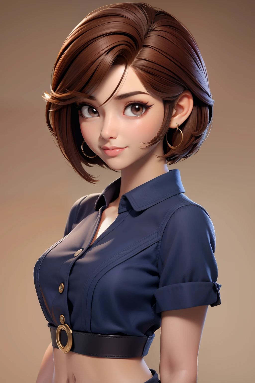 master part, best quality, 1st grade, olhos castanhos, pele clara, brown hair, cabelos ondulados, short hair, Brincos, jewelries, Camisa roxa, fundo simples, sozinha, arte superior do corpo