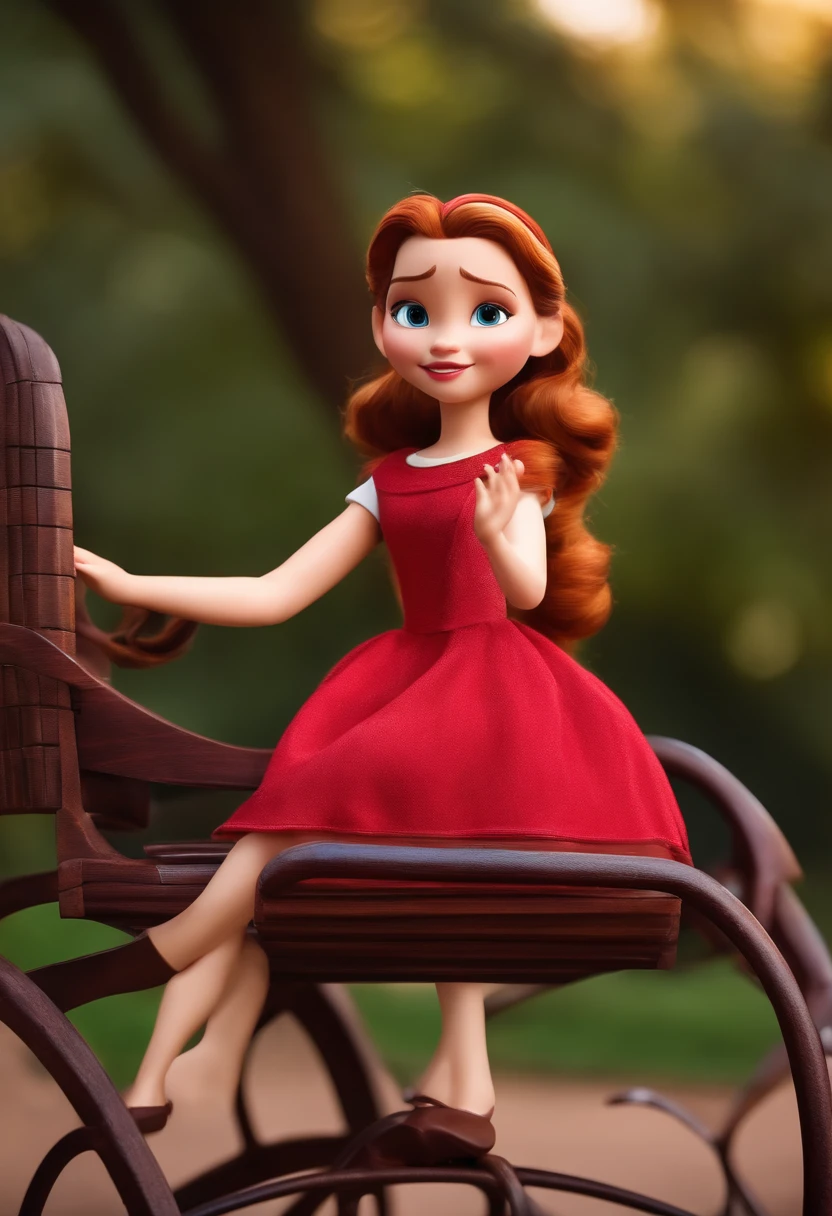 Uma menina com cabelo castanhos liso,branca e olhos castanhos em uma cadeira de rodas cor roxa em um parque Disney pixar
