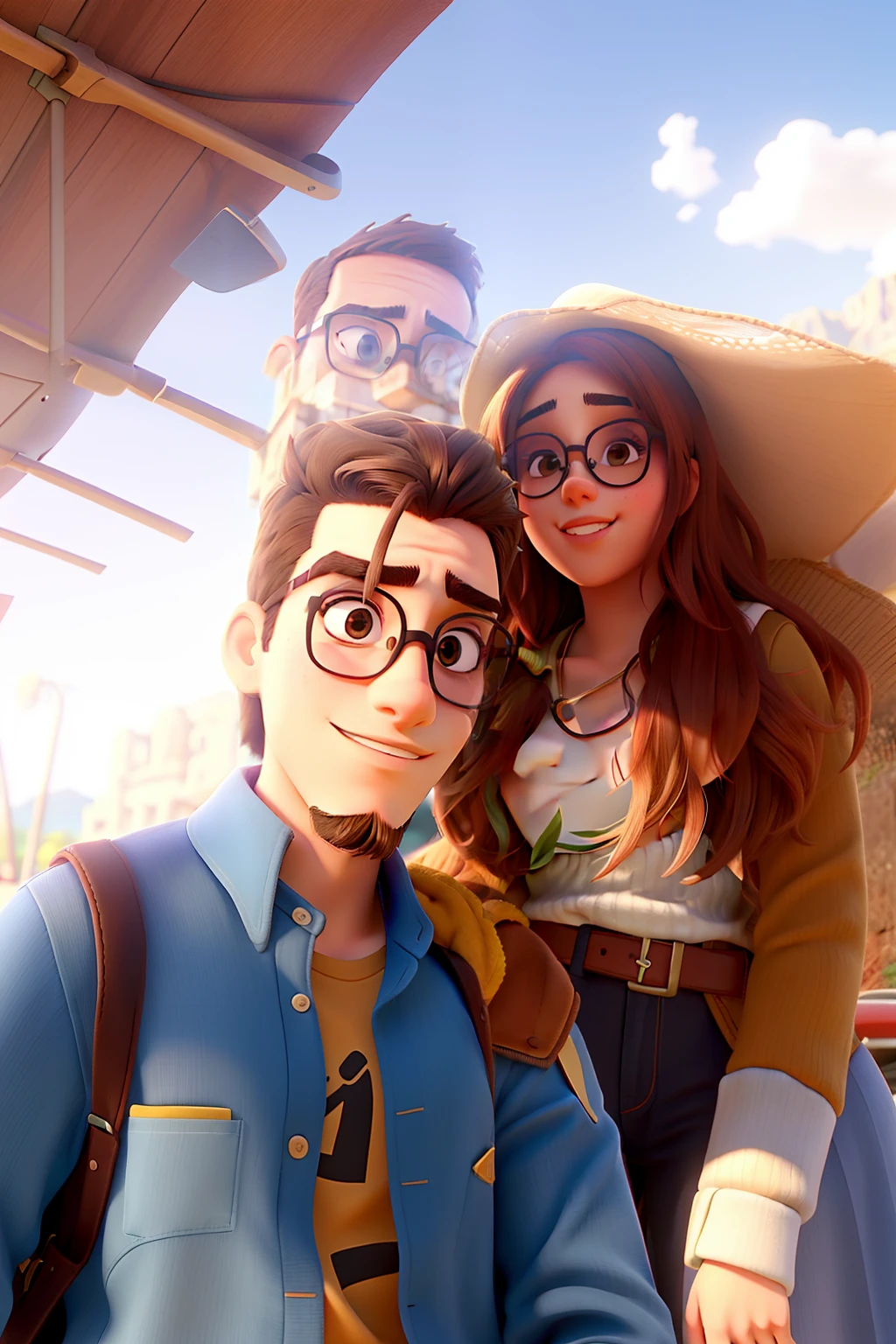 Young couple with sunglasses and passionate look. O jovem rapaz tem barba no rosto todo. The two of them are in a very beautiful background landscape
