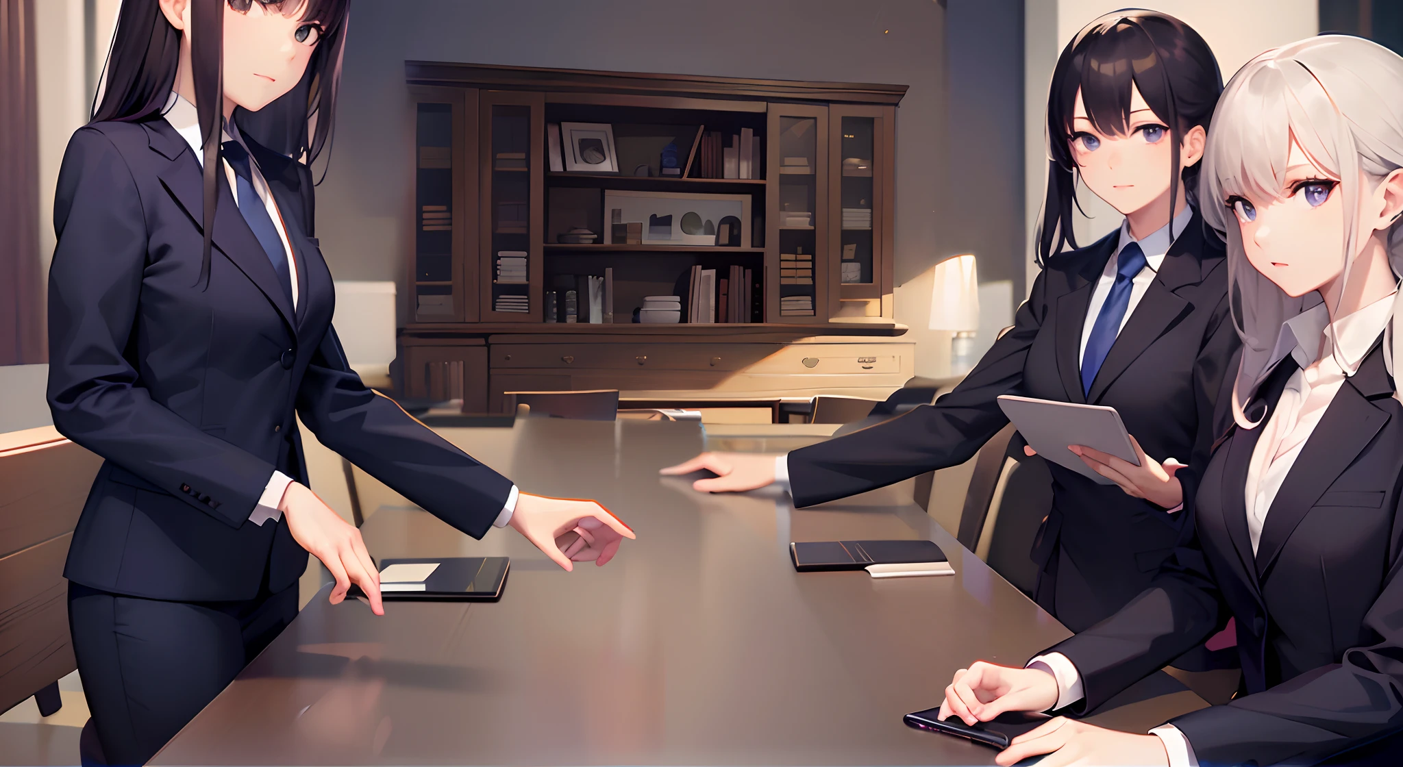 Three girls at a table, wearing suits