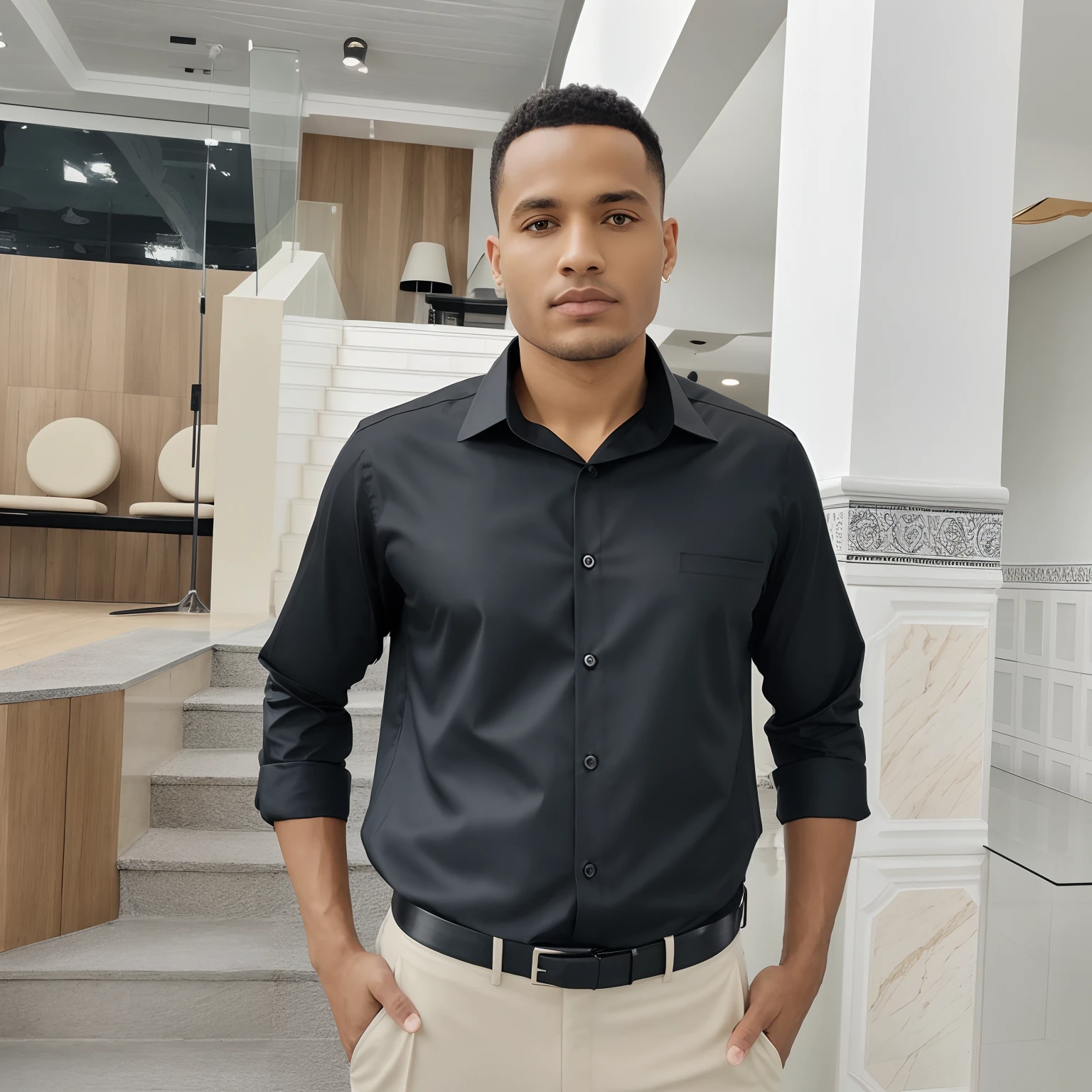 Man Standing Black Dress Shirt , cream tailored trousers