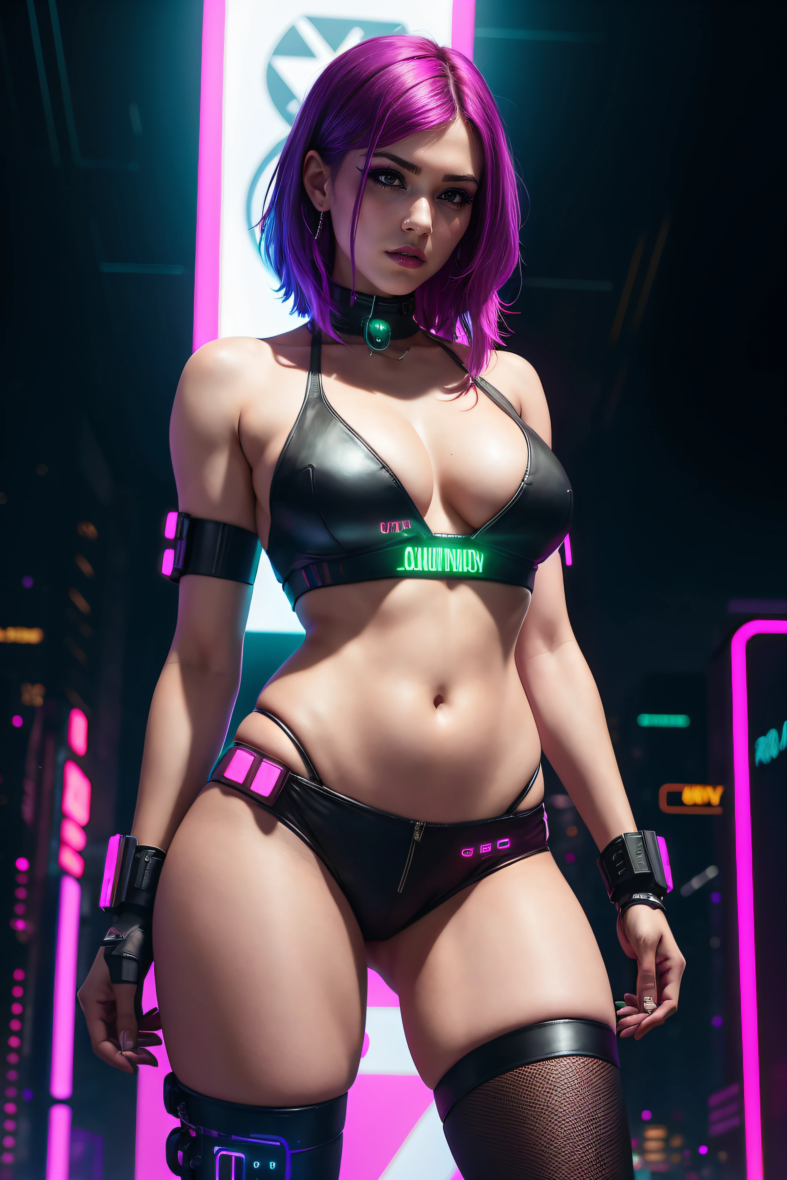 there is a woman standing with a rainbow light, 3 d neon art of a womans body, neon-noir background, cyberpunk femme fatale, seductive cyberpunk dark fantasy, cyberpunk strip clubs, cyberpunk 20 y. o model girl, oppai cyberpunk, banner, high definition cgsociety, cgsociety masterpiece, trending on cgstation, kda