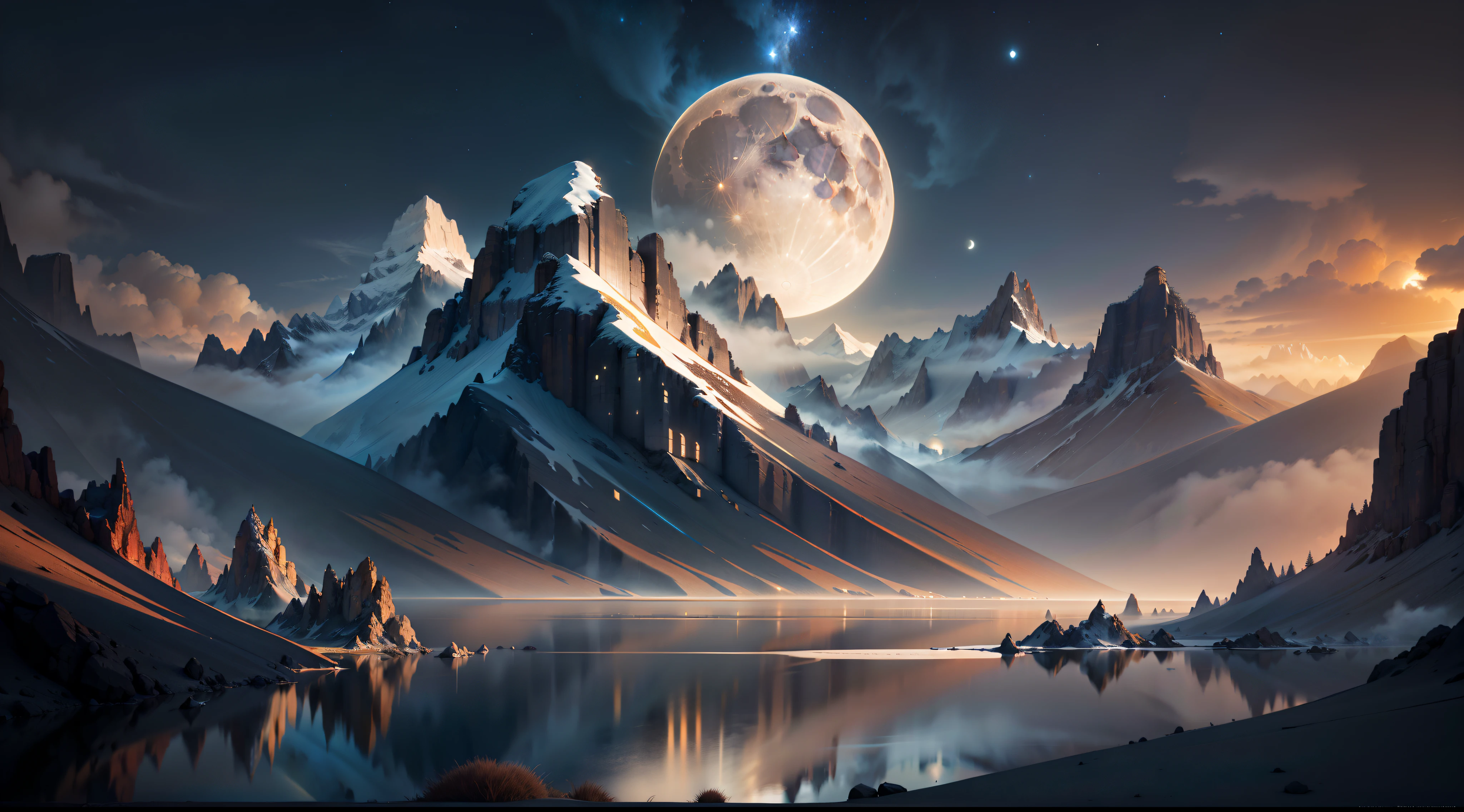 mountains and a lake with a full moon in the sky, 4k highly detailed digital art, sci-fi fantasy wallpaper, sci-fi fantasy desktop wallpaper, jessica rossier fantasy art, 4 k hd wallpaper very detailed, beautiful art uhd 4 k, concept art wallpaper 4k, 4k detailed digital art, 4k fantasy art, 8k stunning artwork