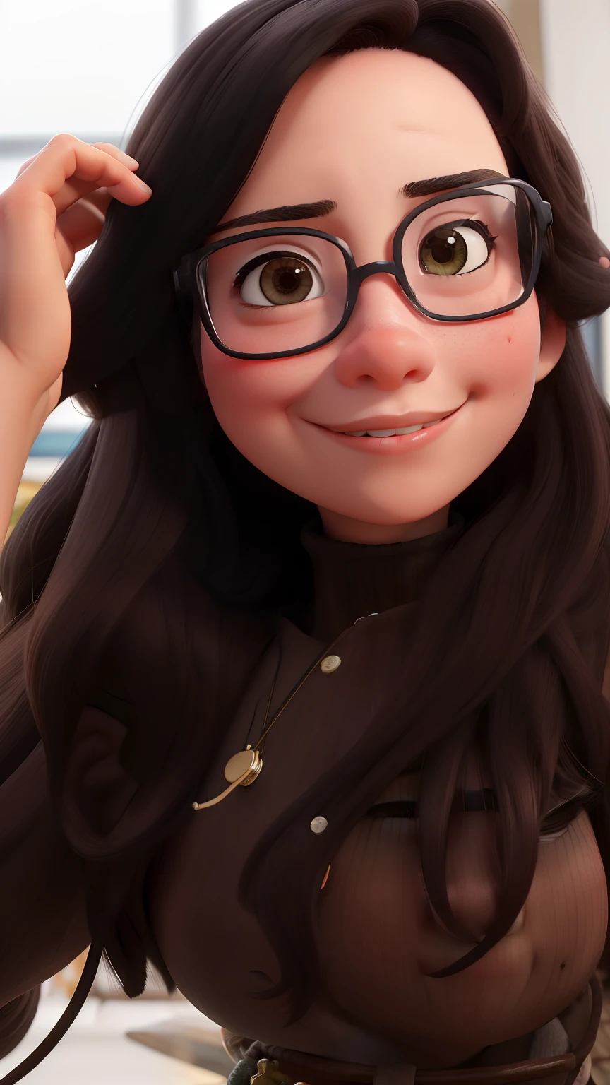 Criar uma menina com o rosto redondo, Square glasses descendant of Japanese studying, cabelo longo e ondulado, pele clara e boca rosinha cabelo castanho escuro e olhos castanho escuro, colocar um fundo rosa de estudos para concurso, cabelo cumprido e fofinha