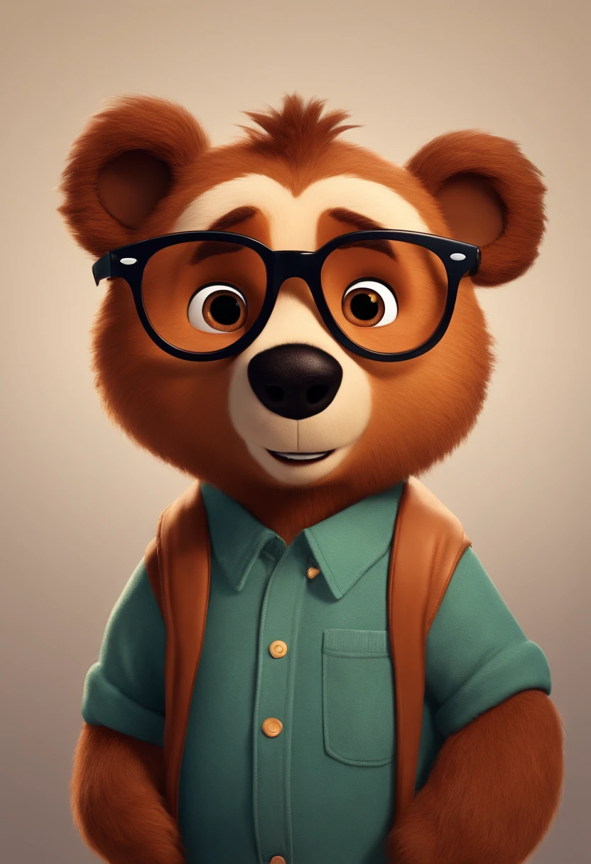 estilo desenho animado, Pixar, wearing round glasses, segurando um urso de pelucia, roupa de escoteiro,