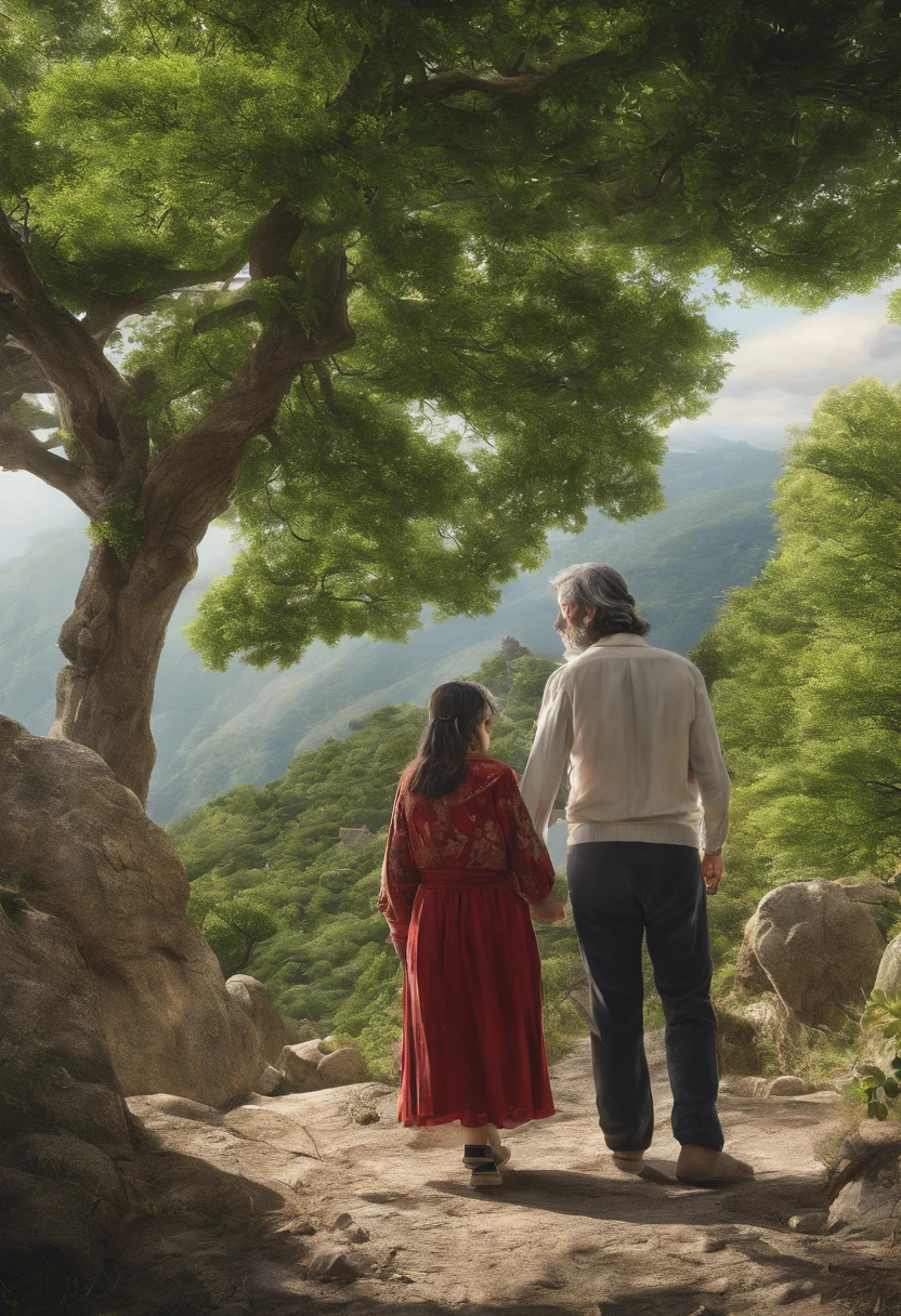 um alto, Long-haired spanish man and a medium-sized man, Long haired Japanese woman between 45 and 55 years old walking calmly hand in hand on top of a mountain with large, green trees, Cercado por nuvens brancas. In front of you the sun rising between the highest mountains.