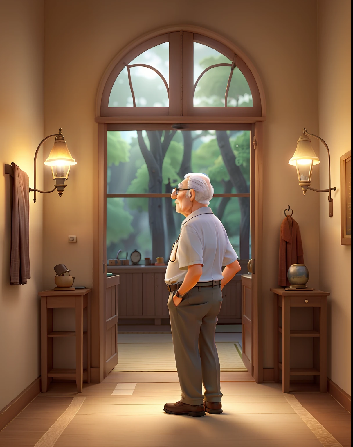 A wise old man standing in front, illuminated by the light of a lamp, contra o pano de fundo de uma natureza